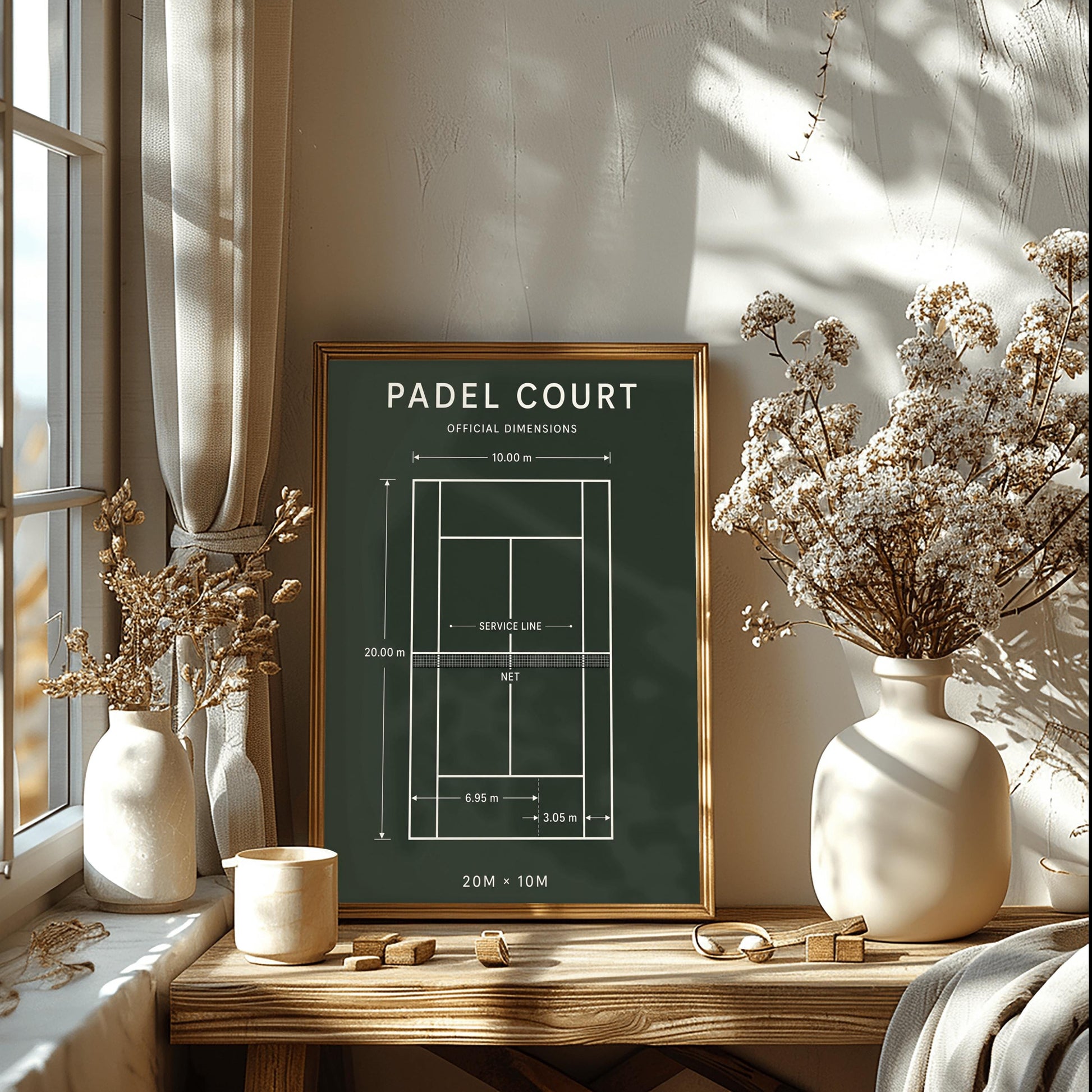 A vertical minimalist sports poster with a solid dark forest green background. At the top, the words "PADEL COURT" and "OFFICIAL DIMENSIONS" are written in a clean white sans-serif font. The center of the poster displays a top-down white schematic diagram of a padel court with text indicating the net, service line, and specific boundary dimensions like 20.00 m and 10.00 m. The bottom of the poster displays the text "20M × 10M".