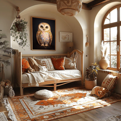 A vertical full-bleed illustration of a barn owl in the style of Gustav Klimt. The owl's body is a complex mosaic of gold, cream, and iridescent pastel tiles with small colorful gemstones embedded in the wings. It has large dark eyes and stands against a solid black background.