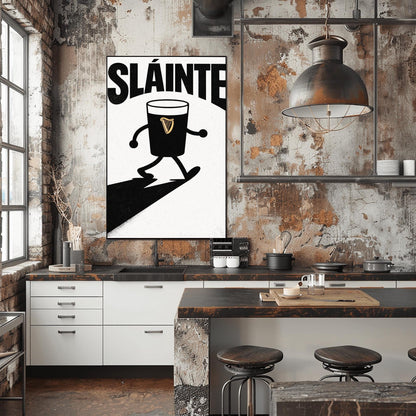 A vertical minimalist graphic in black and white. A pint of Guinness with thin black cartoon arms and legs is shown walking. The word "SLÁINTE" is arched at the top in a bold black font. The pint features a small gold harp logo.