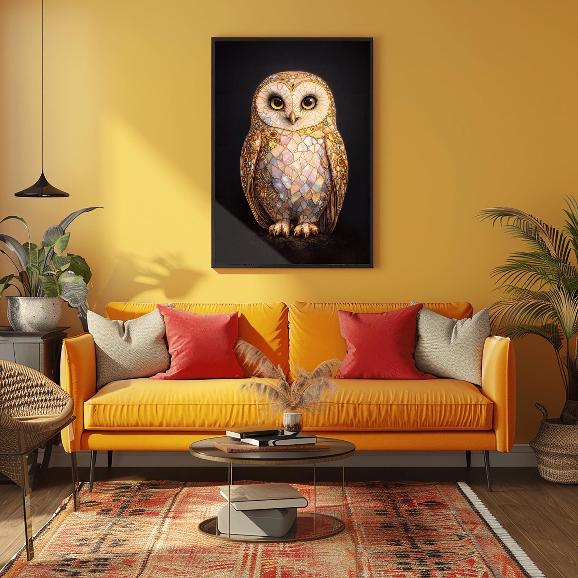 A vertical full-bleed illustration of a barn owl in the style of Gustav Klimt. The owl's body is a complex mosaic of gold, cream, and iridescent pastel tiles with small colorful gemstones embedded in the wings. It has large dark eyes and stands against a solid black background.