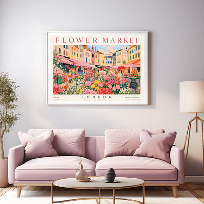 A vintage-style exhibition poster titled "FLOWER MARKET" at the top and "LONDON" at the bottom. The illustration depicts a vibrant open-air market scene packed with dense stalls of pink tulips, yellow ranunculus, and assorted green foliage. In the background, a row of colorful, multi-story pastel buildings stands under a light blue sky with soft white clouds, with shoppers walking between the stalls.