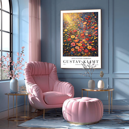 A vertical museum exhibition poster in the style of Gustav Klimt. A dense field of stylized poppies and wildflowers in coral, red, and yellow fills the frame. A bright golden sunburst glows from the top left. The background is a dark navy blue. Bold black text at the bottom reads "GUSTAV KLIMT" and "HISTORY OF AUSTRIAN ART."
