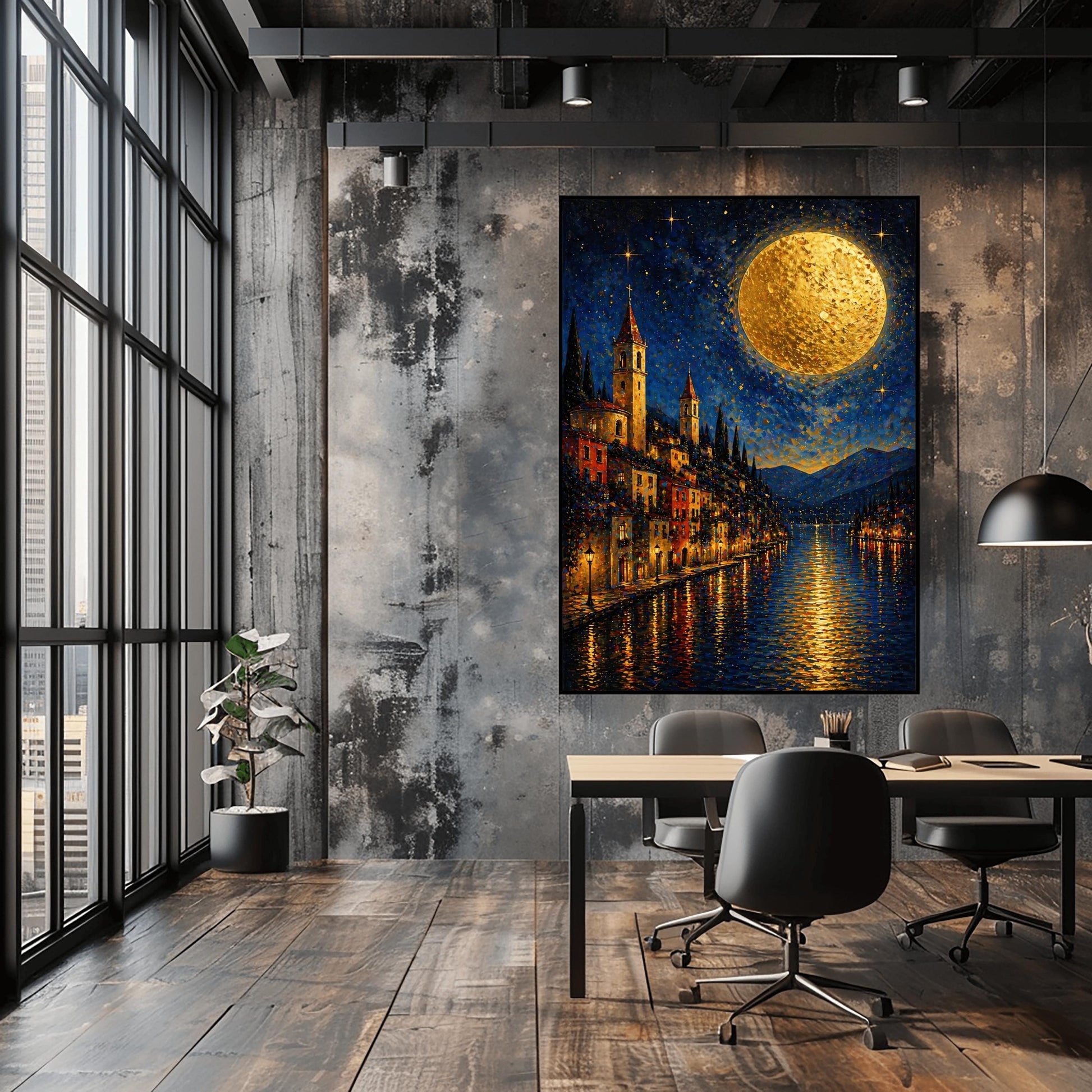 A vertical art print in a decorative mosaic style inspired by Gustav Klimt. A steep lakeside village with warm-lit windows and tall, pointed church spires rises from the edge of dark blue water. A massive, textured golden moon dominates the upper right of a starry night sky. The lights of the town and the moon reflect in long, vertical golden lines on the rippled water surface. Dark blue mountains are visible in the background.
