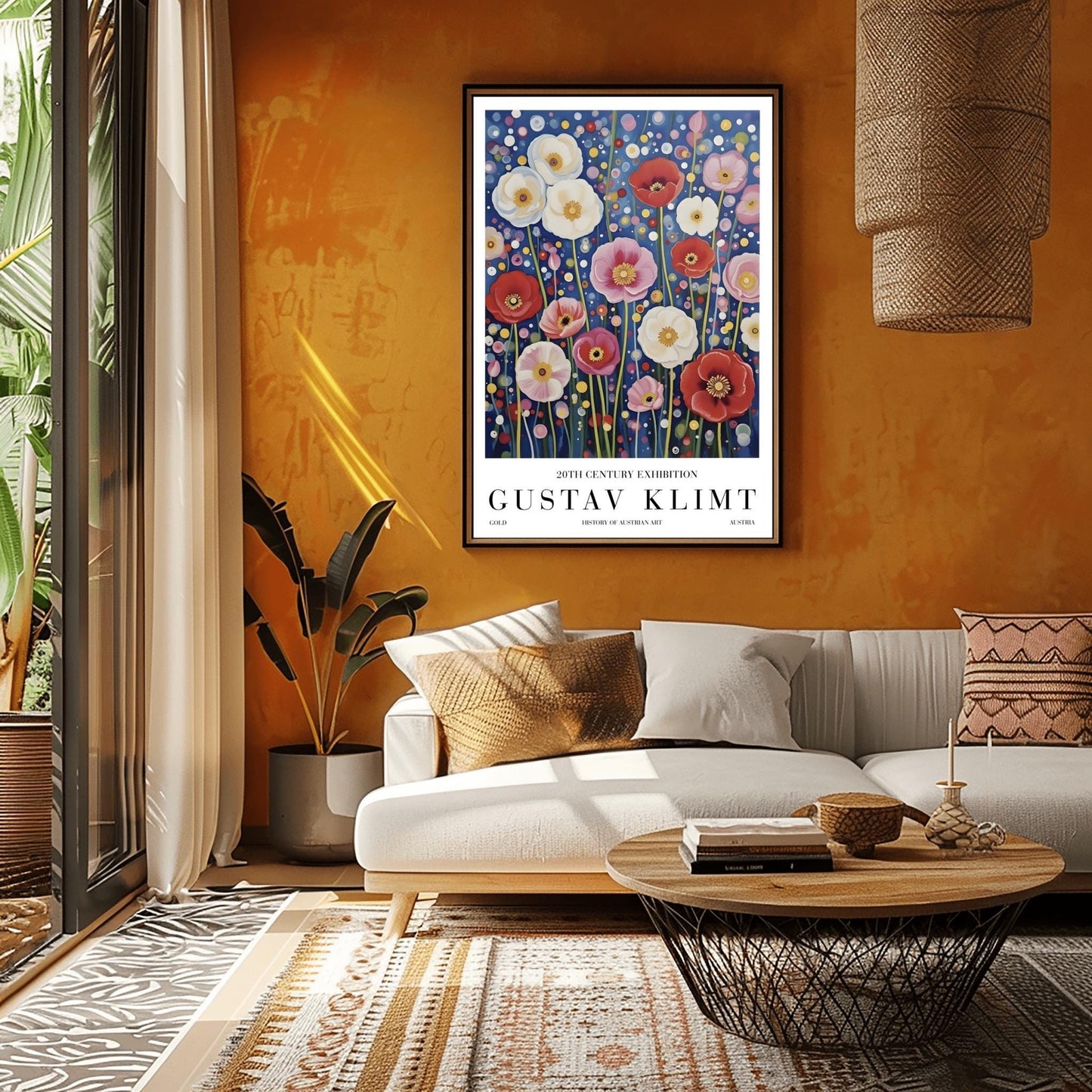 A vertical exhibition-style poster featuring a field of poppies in the style of Gustav Klimt. Large white, red, and pink flowers bloom on slender green stems against a dark navy background filled with shimmering gold and cream mosaic dots. The bottom margin features elegant typography reading "GUSTAV KLIMT" and "20TH CENTURY EXHIBITION."