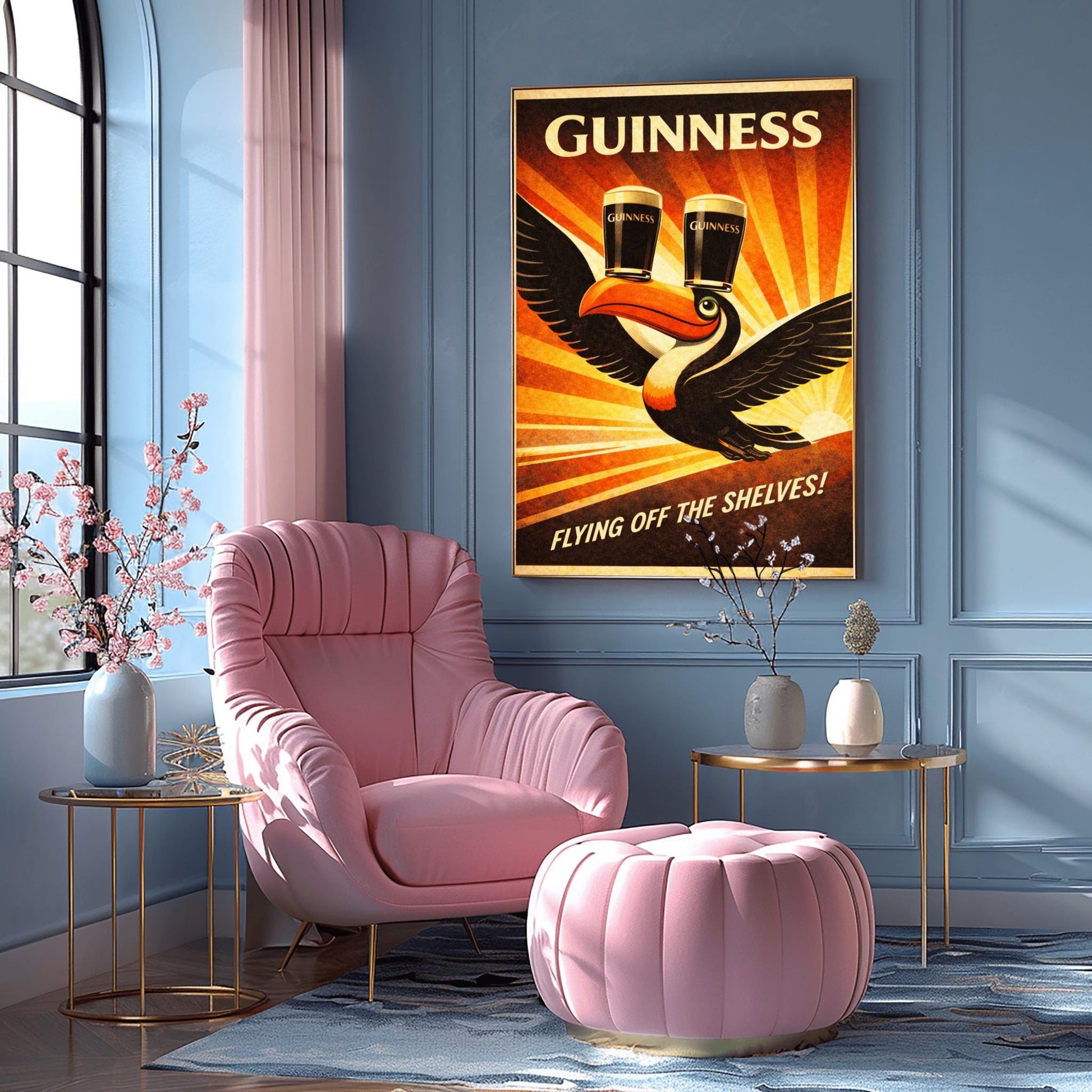 A vertical vintage-style advertising poster for Guinness. A toucan flies upward towards the top left, balancing two pints of beer on its beak. A large orange sunburst radiates from the bottom right background. Text at the top reads "GUINNESS" and the bottom reads "FLYING OFF THE SHELVES!"