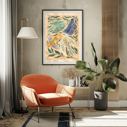 A vertical folk-art style illustration of three stylized birds perched on a dark brown branch. The birds have different colored bodies in teal, orange, and light blue, decorated with white circles and stripes. They are surrounded by swirling blue vines, orange flowers with geometric centers, and small green and yellow leaves. The background is a textured off-white, and the entire image has a rhythmic, handcrafted feel.