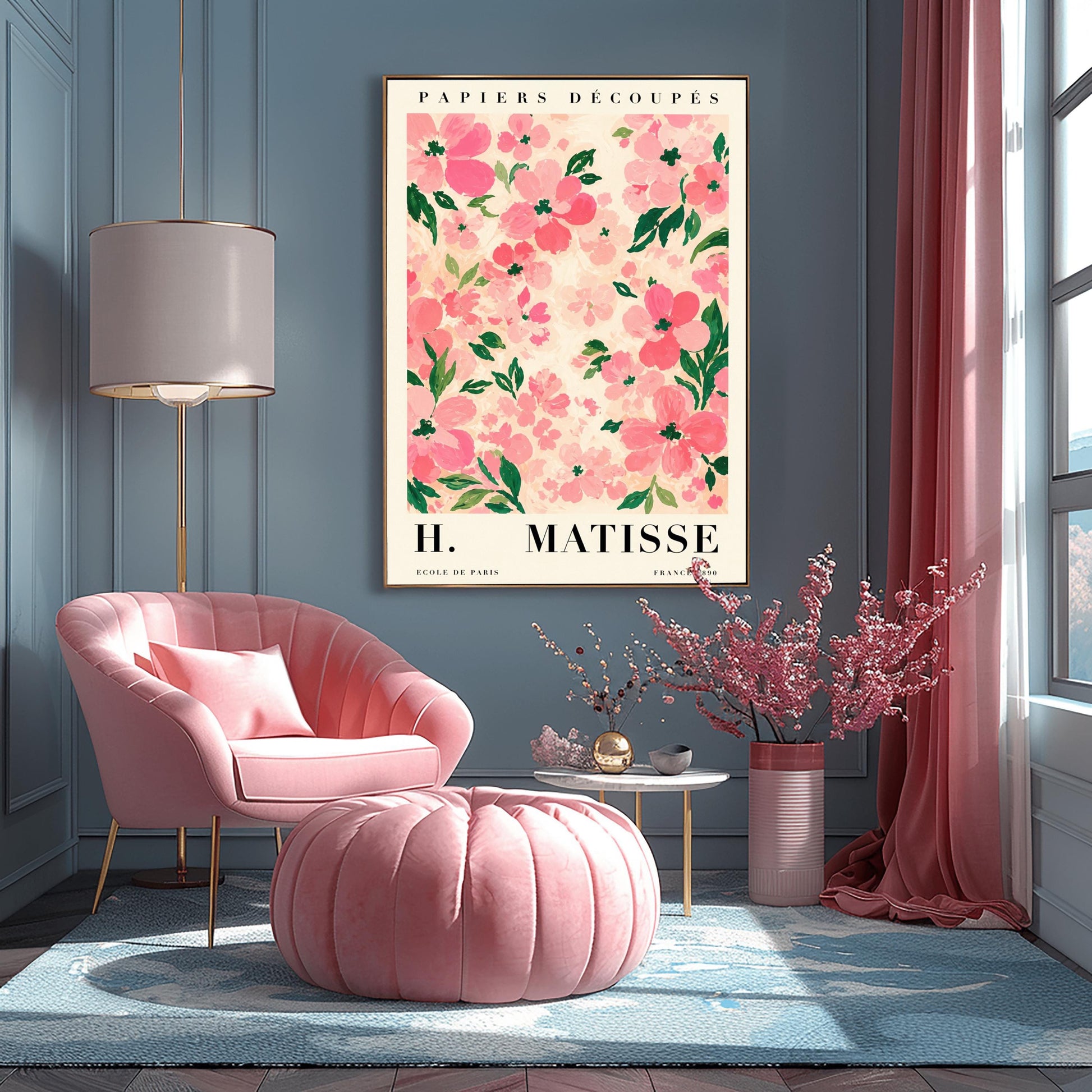 A vertical art print styled as a Henri Matisse exhibition poster. The central image is a dense pattern of soft pink and rose-colored flowers with dark green leaves on a cream-colored background. The flowers are painted with visible, textured brushstrokes. Above the image, the words "PAPIERS DÉCOUPÉS" are written in a black serif font. Below the image, the text reads "H. MATISSE" in large letters, with "ECOLE DE PARIS" and "FRANCE 1890" in smaller text at the bottom.