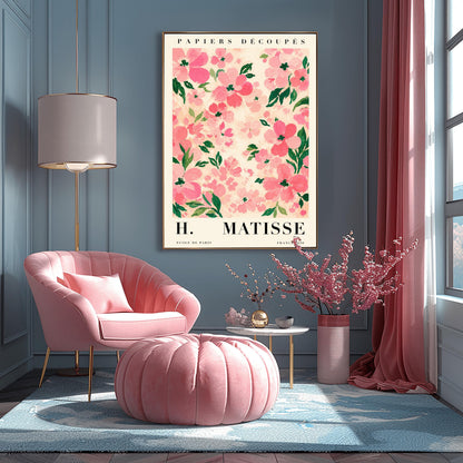 A vertical art print styled as a Henri Matisse exhibition poster. The central image is a dense pattern of soft pink and rose-colored flowers with dark green leaves on a cream-colored background. The flowers are painted with visible, textured brushstrokes. Above the image, the words "PAPIERS DÉCOUPÉS" are written in a black serif font. Below the image, the text reads "H. MATISSE" in large letters, with "ECOLE DE PARIS" and "FRANCE 1890" in smaller text at the bottom.