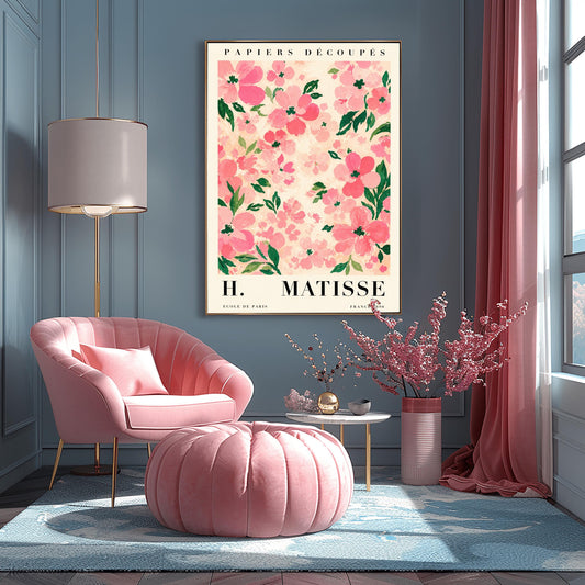 A vertical art print styled as a Henri Matisse exhibition poster. The central image is a dense pattern of soft pink and rose-colored flowers with dark green leaves on a cream-colored background. The flowers are painted with visible, textured brushstrokes. Above the image, the words "PAPIERS DÉCOUPÉS" are written in a black serif font. Below the image, the text reads "H. MATISSE" in large letters, with "ECOLE DE PARIS" and "FRANCE 1890" in smaller text at the bottom.
