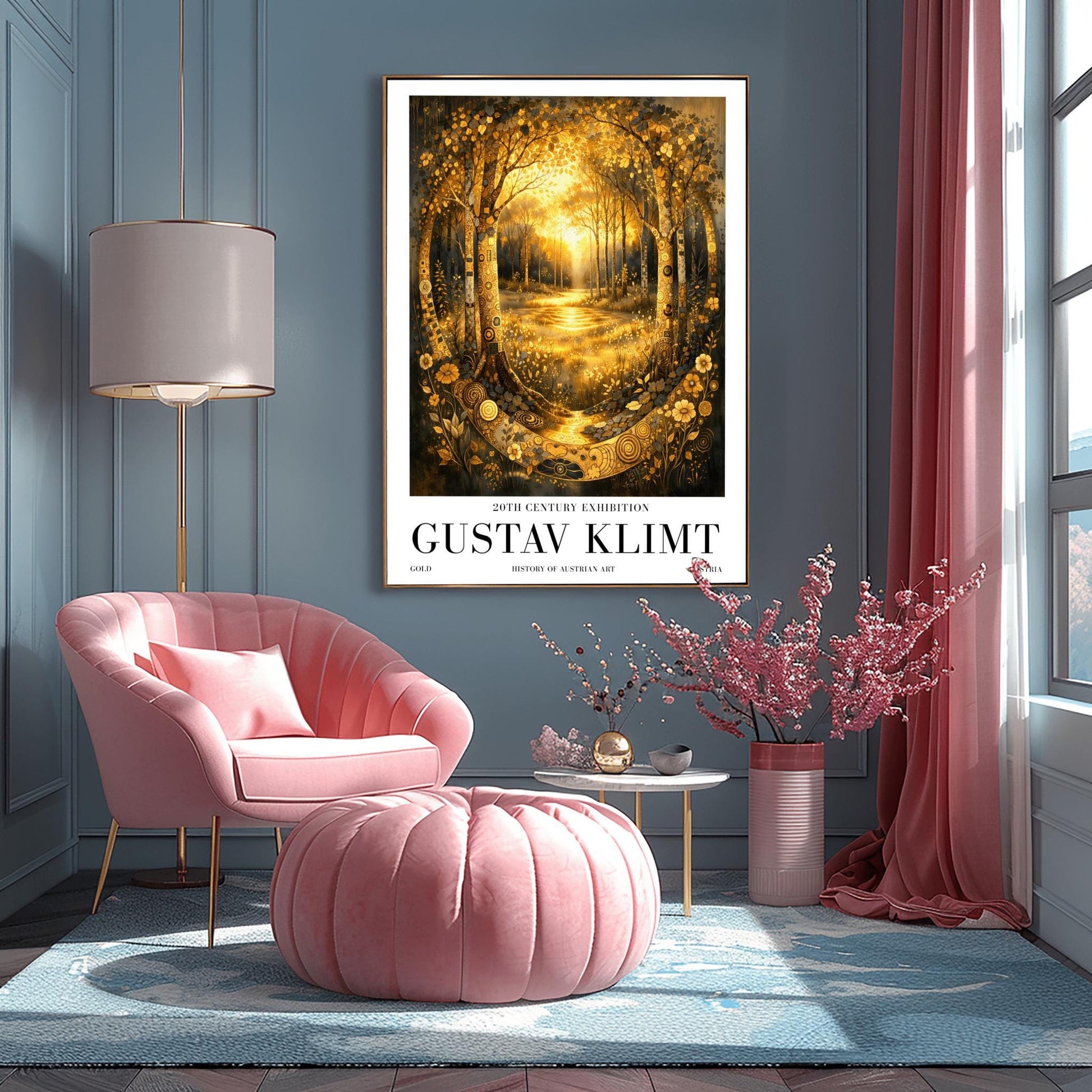 A vertical exhibition poster for Gustav Klimt featuring a golden forest. Two highly decorative trees with mosaic patterns frame a sunlit glade. A golden stream flows toward the viewer through shimmering flowers. Text at the bottom reads "Gustav Klimt, 20th Century Exhibition."