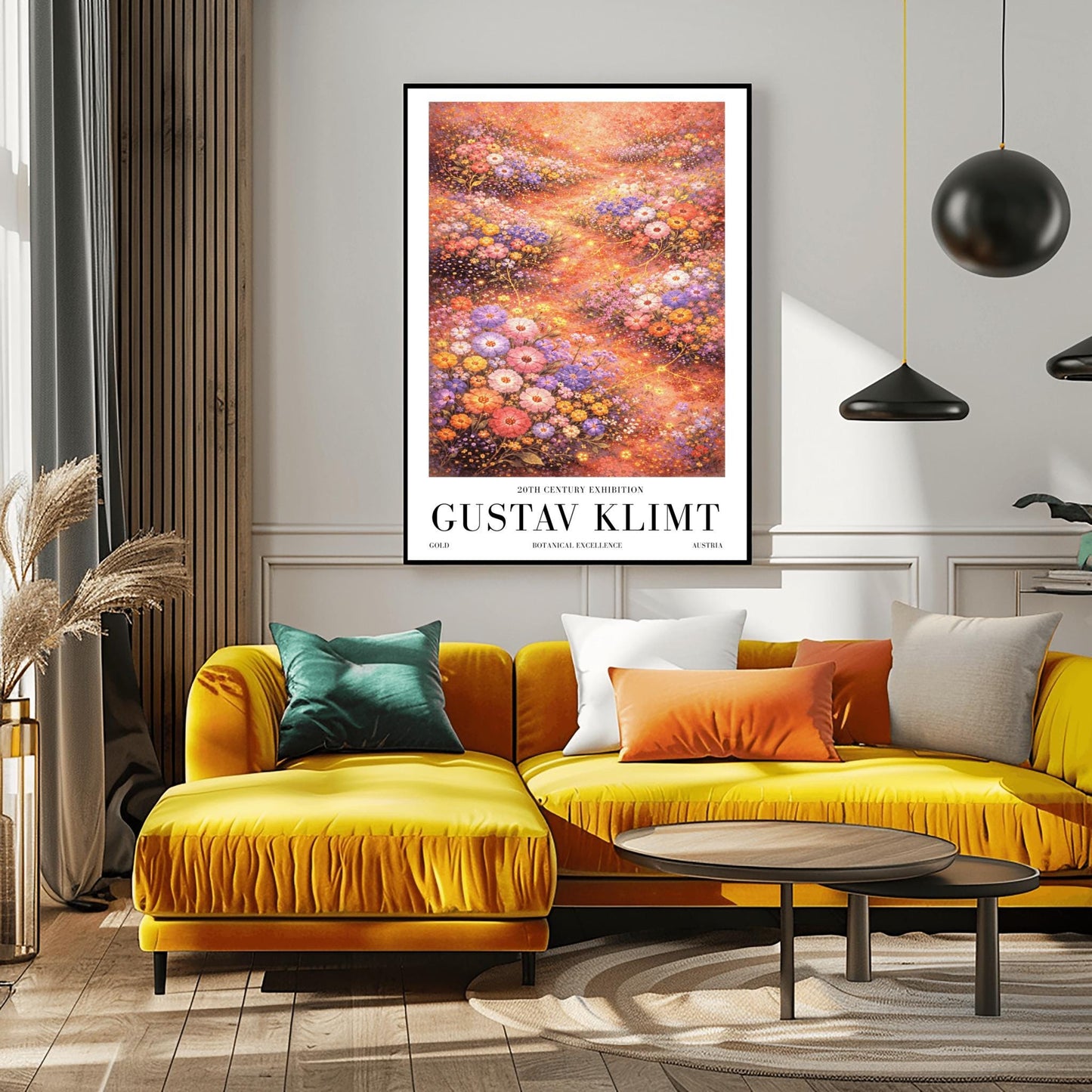 A vertical, highly detailed Art Nouveau-style illustration of a dense wildflower meadow. Stylized flowers in shades of lavender, coral, and orange are outlined in gold. Shimmering golden particles float between the blooms against a warm, glowing amber background.