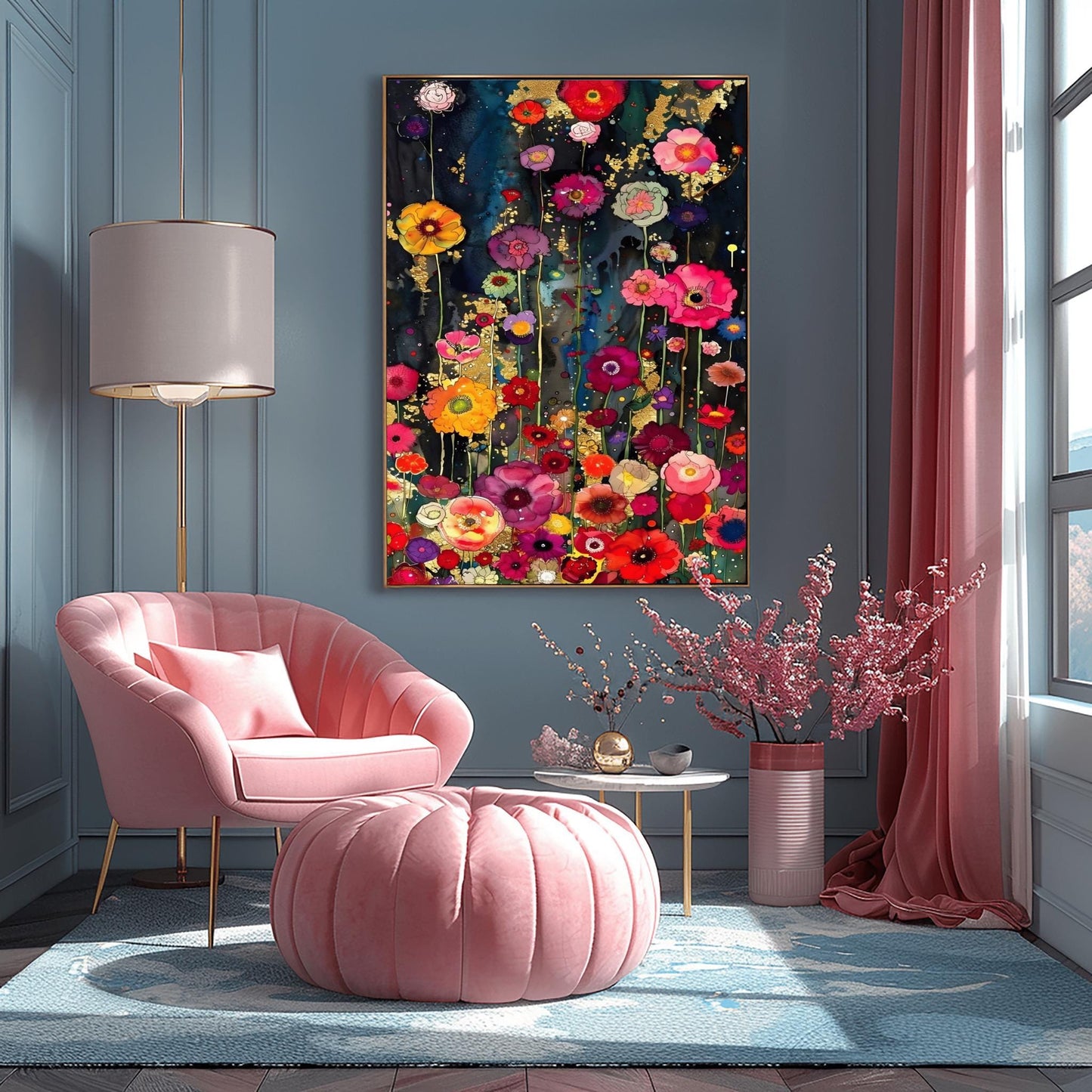 A vertical, highly detailed painting in the style of Gustav Klimt. A dense field of vibrant wildflowers in red, pink, orange, and purple grows against a dark indigo and black background. Shimmering gold-leaf patterns and "rain" effects are woven throughout the flowers. The style is rich in texture with a mosaic-like quality and heavy gold accents.