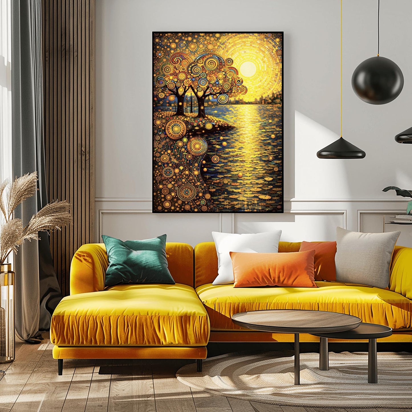 A vertical museum exhibition poster in the style of Gustav Klimt. A large, radiant yellow mosaic sun rises over a lake. On the left shore, two trees with ornate spiral-patterned leaves stand. The ground and sky are filled with dense golden mosaic circles and patterns. Bold black text at the bottom reads "GUSTAV KLIMT" and "AUSTRIA."