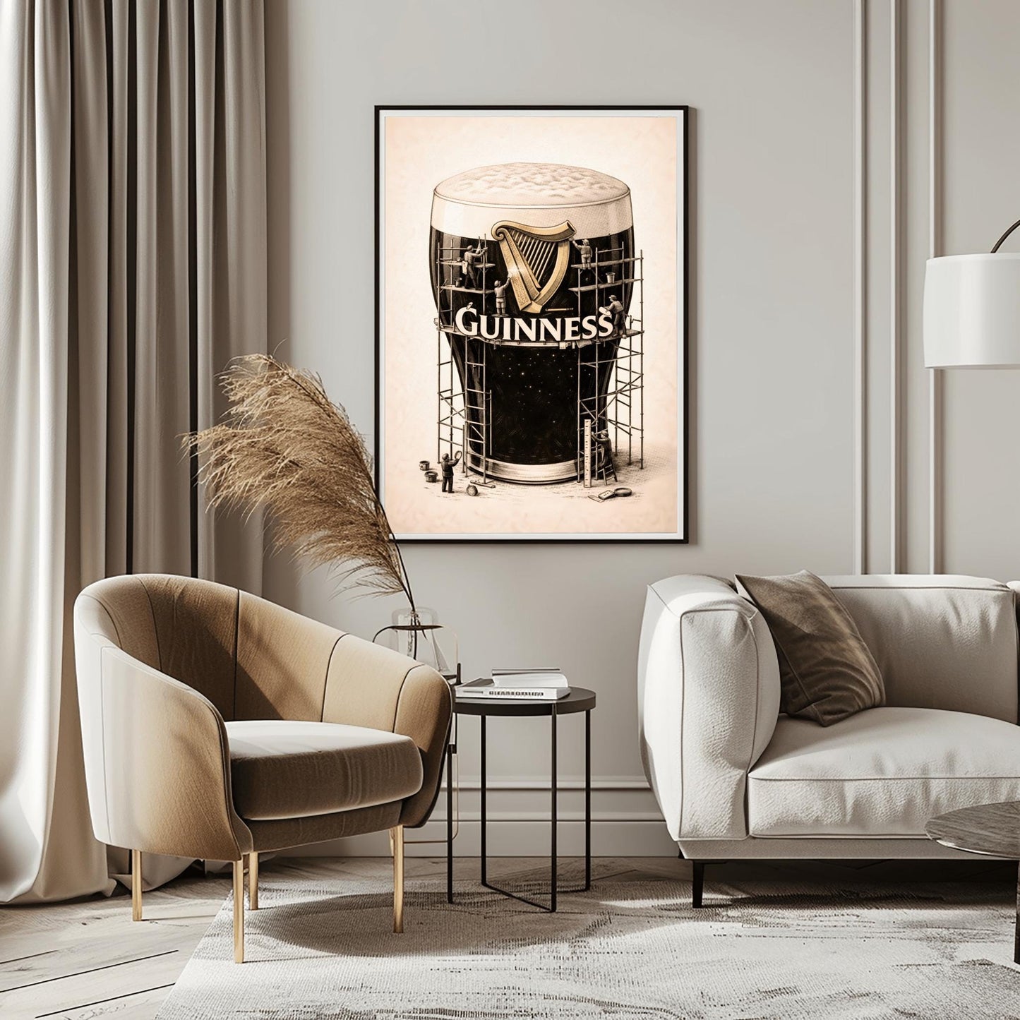 A vertical charcoal illustration of a large pint of Guinness. The glass is surrounded by a complex wooden scaffolding structure. Tiny worker silhouettes are on the scaffolding, polishing a large golden harp and the white Guinness logo on the front of the glass. The background is a light cream color.