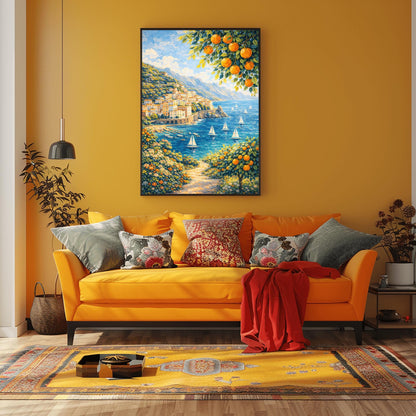 A vertical painterly illustration of a Mediterranean village built into a steep mountainside overlooking a blue sea with many white sailboats. Branches with oranges frame the top and bottom right. A flowered path in the foreground leads toward the water under a bright sky.