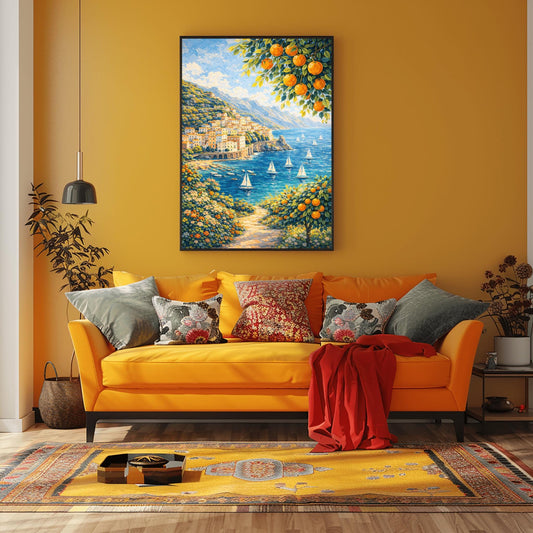 A vertical painterly illustration of a Mediterranean village built into a steep mountainside overlooking a blue sea with many white sailboats. Branches with oranges frame the top and bottom right. A flowered path in the foreground leads toward the water under a bright sky.