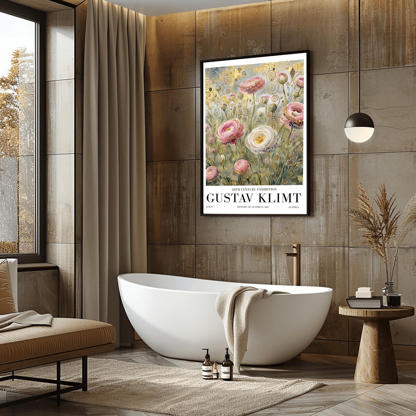 A vertical museum exhibition poster in the style of Gustav Klimt. Large pink and white roses with golden edges grow in a field. The background is filled with ornate gold leaf spirals and geometric patterns against a soft light-blue sky. Bold black text at the bottom reads "GUSTAV KLIMT" and "BOTANICAL EXCELLENCE."