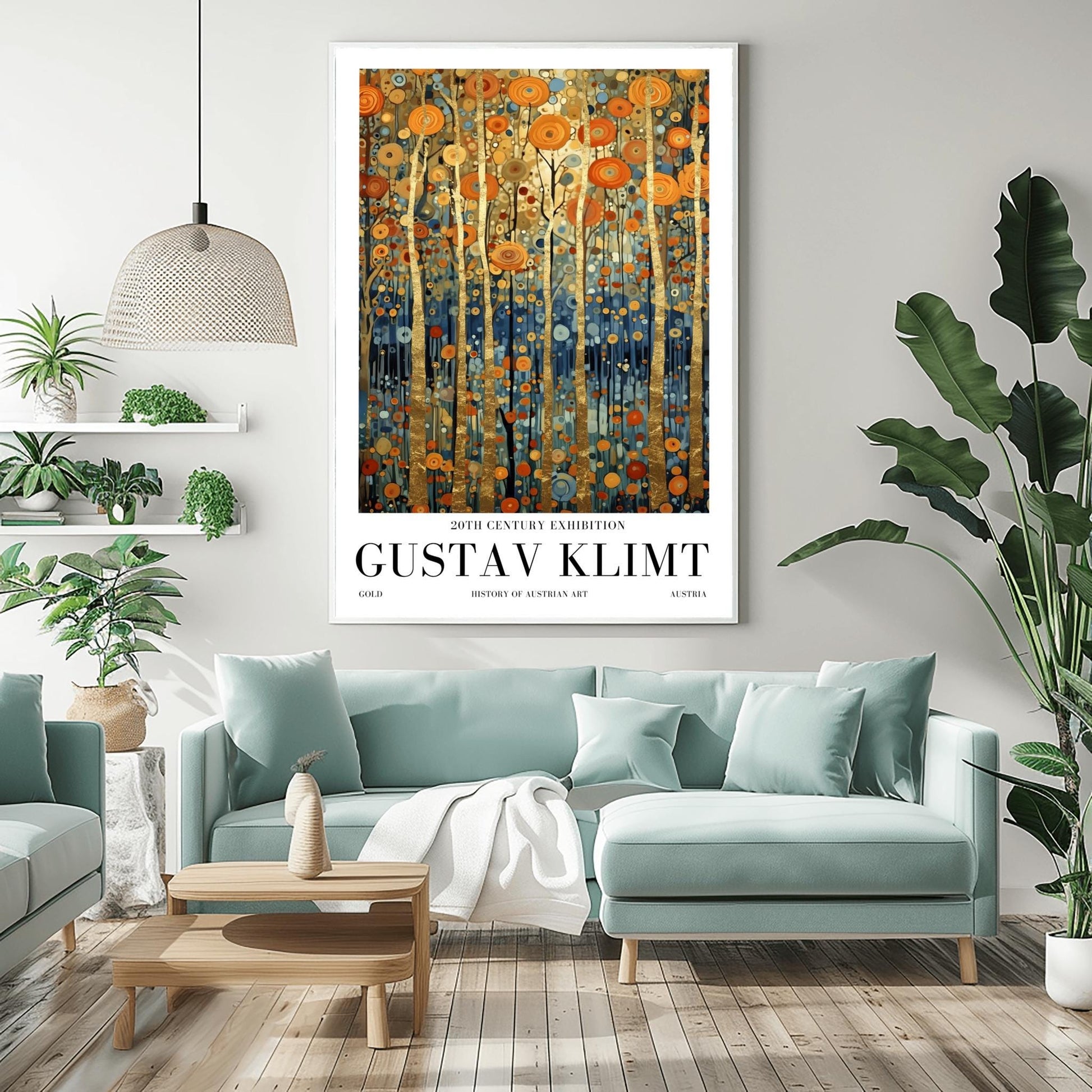 A vertical museum exhibition poster in the style of Gustav Klimt. Tall, slender tree trunks made of brilliant gold leaf stand against a background of orange, gold, and blue mosaic-style leaves. The bottom of the image is a deep indigo blue. Bold black text at the bottom reads "GUSTAV KLIMT" and "HISTORY OF AUSTRIAN ART."