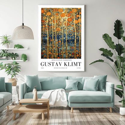 A vertical museum exhibition poster in the style of Gustav Klimt. Tall, slender tree trunks made of brilliant gold leaf stand against a background of orange, gold, and blue mosaic-style leaves. The bottom of the image is a deep indigo blue. Bold black text at the bottom reads "GUSTAV KLIMT" and "HISTORY OF AUSTRIAN ART."