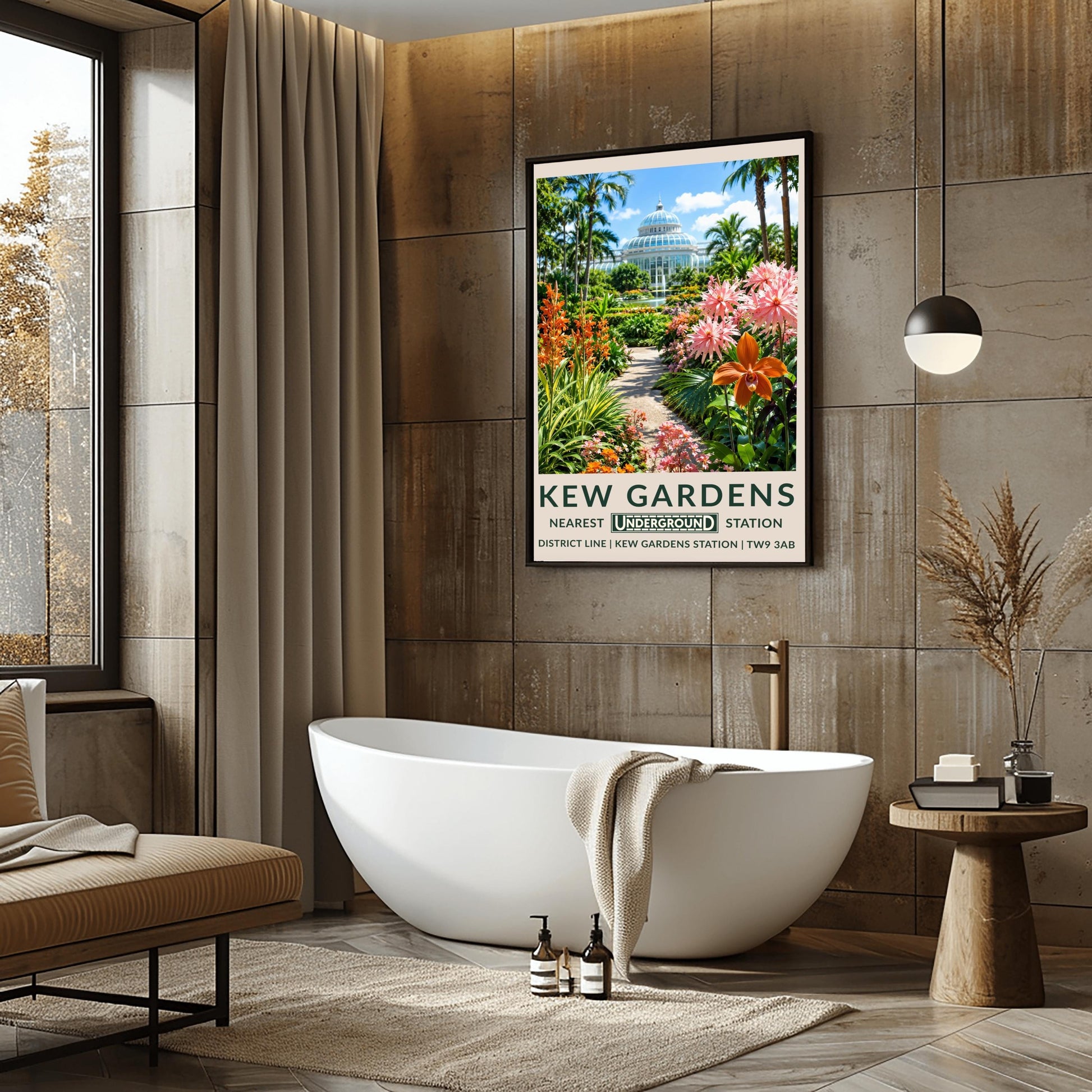 A vertical retro London Underground travel poster for Kew Gardens on a wide cream border. The top image shows a sun-drenched exterior view of the historic white iron-and-glass Palm House dome under a bright blue sky with light clouds. A stone path in the center is flanked by a lush tropical garden featuring towering palm trees, a large prominent orange orchid blossom on the right alongside spiky pink flowers, and tall orange torch lilies on the left.