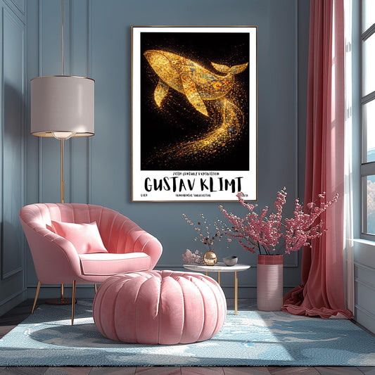 A vertical exhibition poster for Gustav Klimt featuring a large humpback whale made of golden mosaic patterns. The whale is breaching against a black background, leaving a trail of sparkling gold dust. Bold text at the bottom reads "GUSTAV KLIMT" and "Ornamental Surrealism."