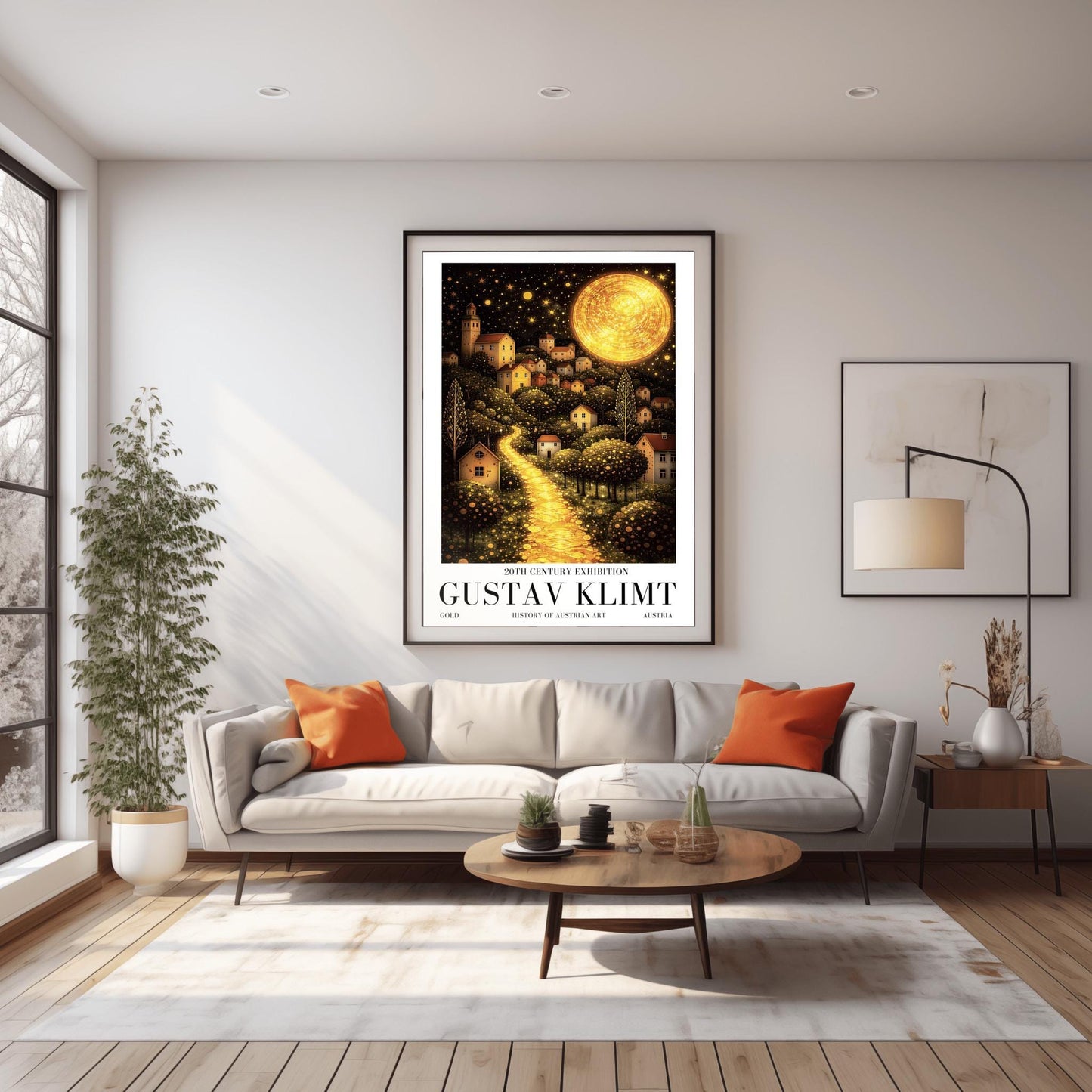 A vertical fine art landscape in the style of Gustav Klimt. A huge, textured golden moon shines in a starry night sky. A glowing golden path winds up a hillside past trees filled with shimmering golden dots toward a village of small houses with lit windows.