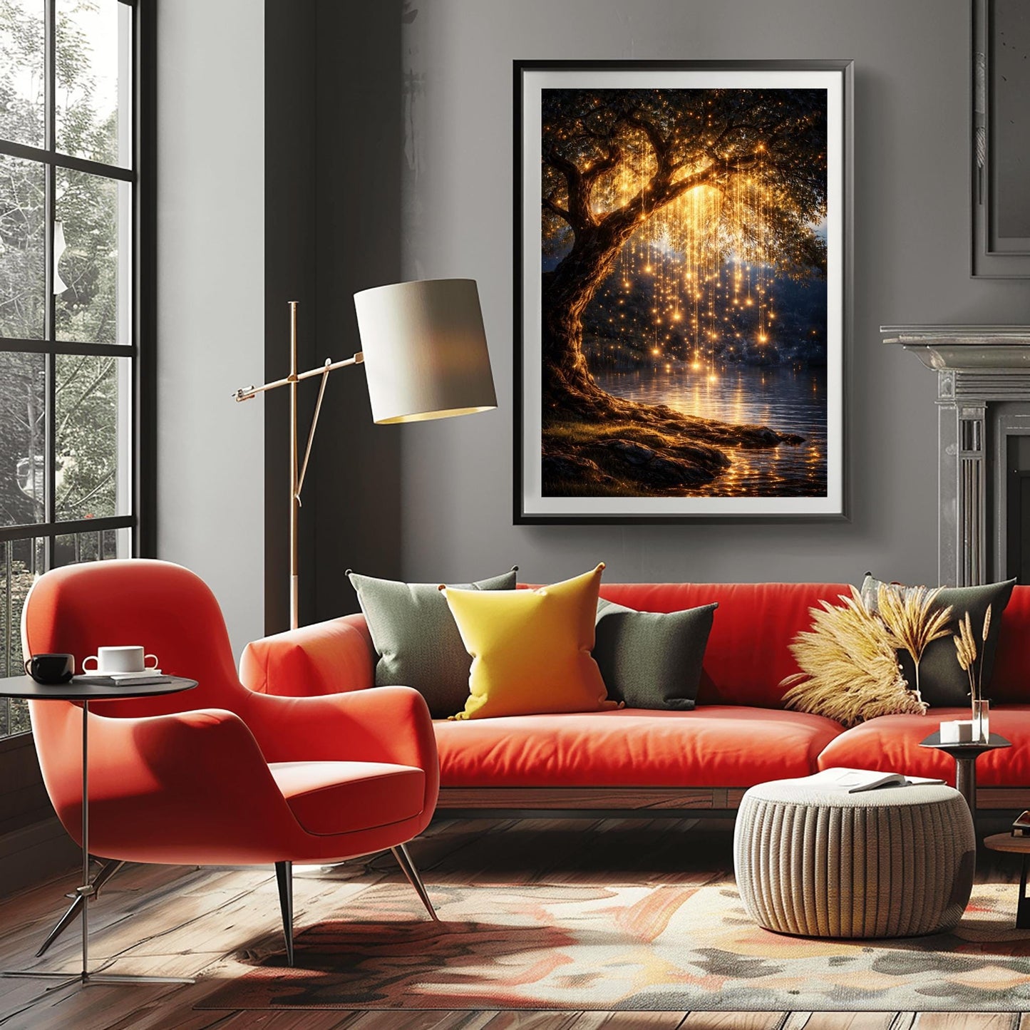 A vertical full-bleed illustration of a weeping willow tree at night in the style of Gustav Klimt. The branches hang down like strings of golden lights over a dark lake. The water reflects the golden glow, and the tree stands on a mossy bank against a dark forest background.