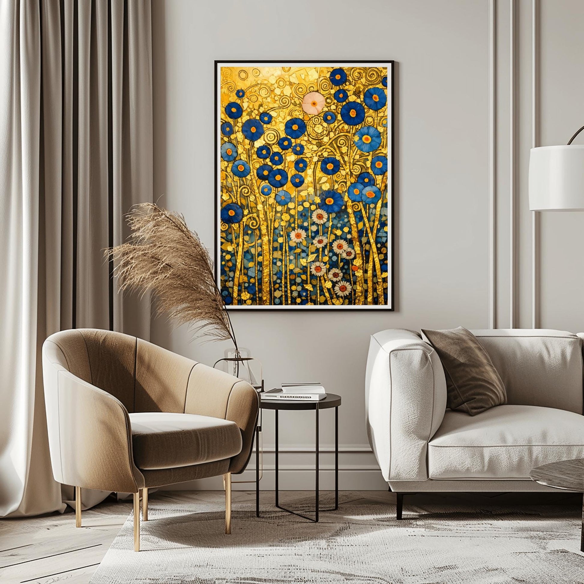 A vertical fine art landscape in the style of Gustav Klimt. A dense cluster of deep blue flowers with gold centers and white daisies grows against a textured gold leaf background filled with spirals and geometric patterns. The stems are slender and golden, creating a rich, mosaic-like botanical tapestry.