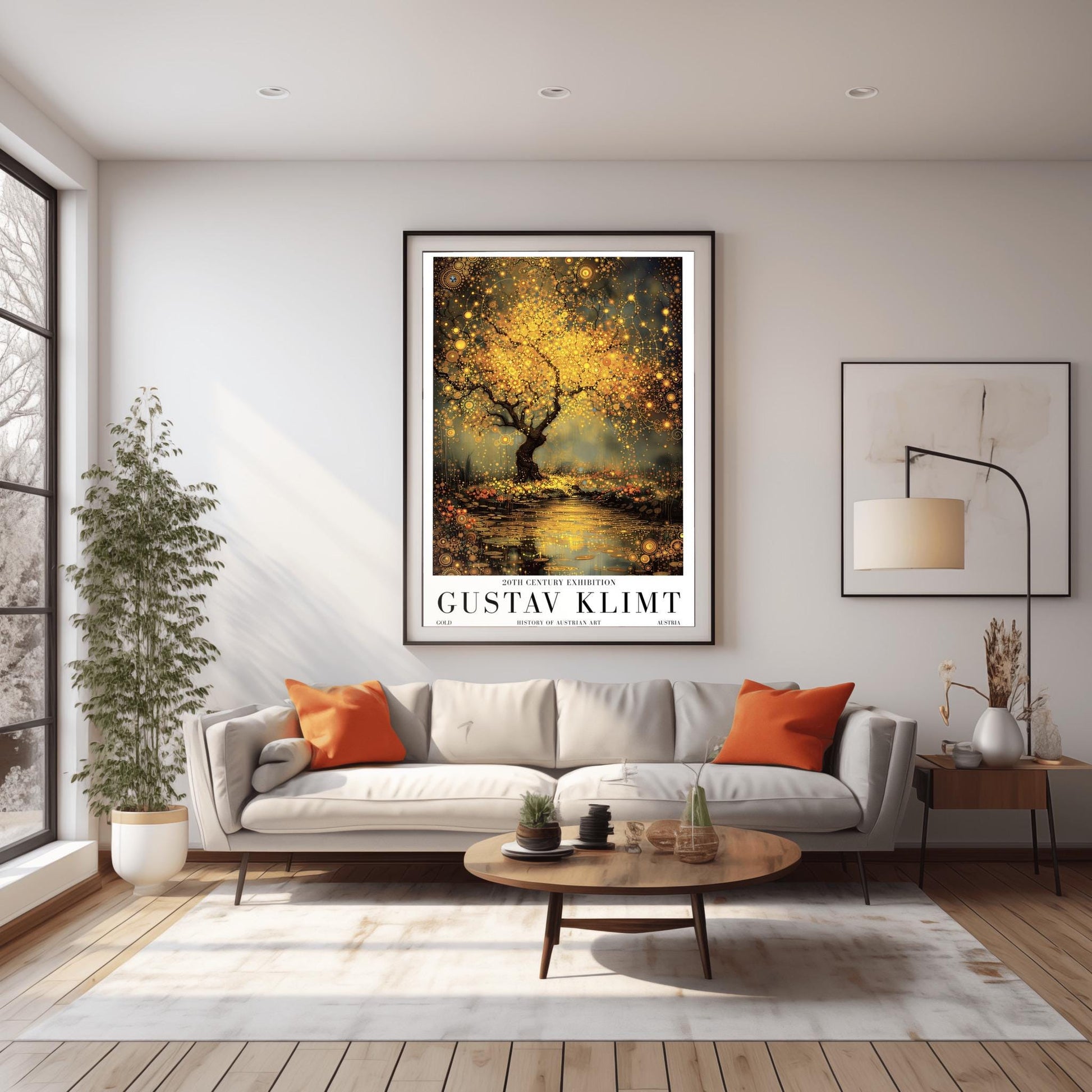 A vertical museum exhibition poster in the style of Gustav Klimt. A large tree with a dense, glowing golden canopy stands beside a river. The water surface is covered in golden mosaic patterns and reflections. The ground is filled with small orange flowers. Bold black text at the bottom reads "GUSTAV KLIMT" and "HISTORY OF AUSTRIAN ART."