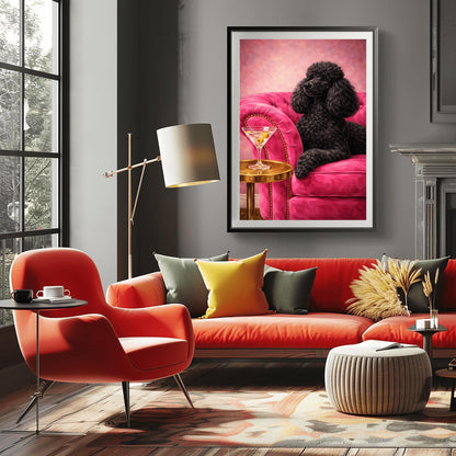 A vertical oil-style painting of a sophisticated black poodle with fluffy, well-groomed fur. The poodle is lying on a vibrant hot pink velvet tufted sofa. In the foreground, a martini glass with two green olives sits on a polished round gold side table. The background is a textured light pink, and the overall mood is glamorous, colorful, and maximalist.
