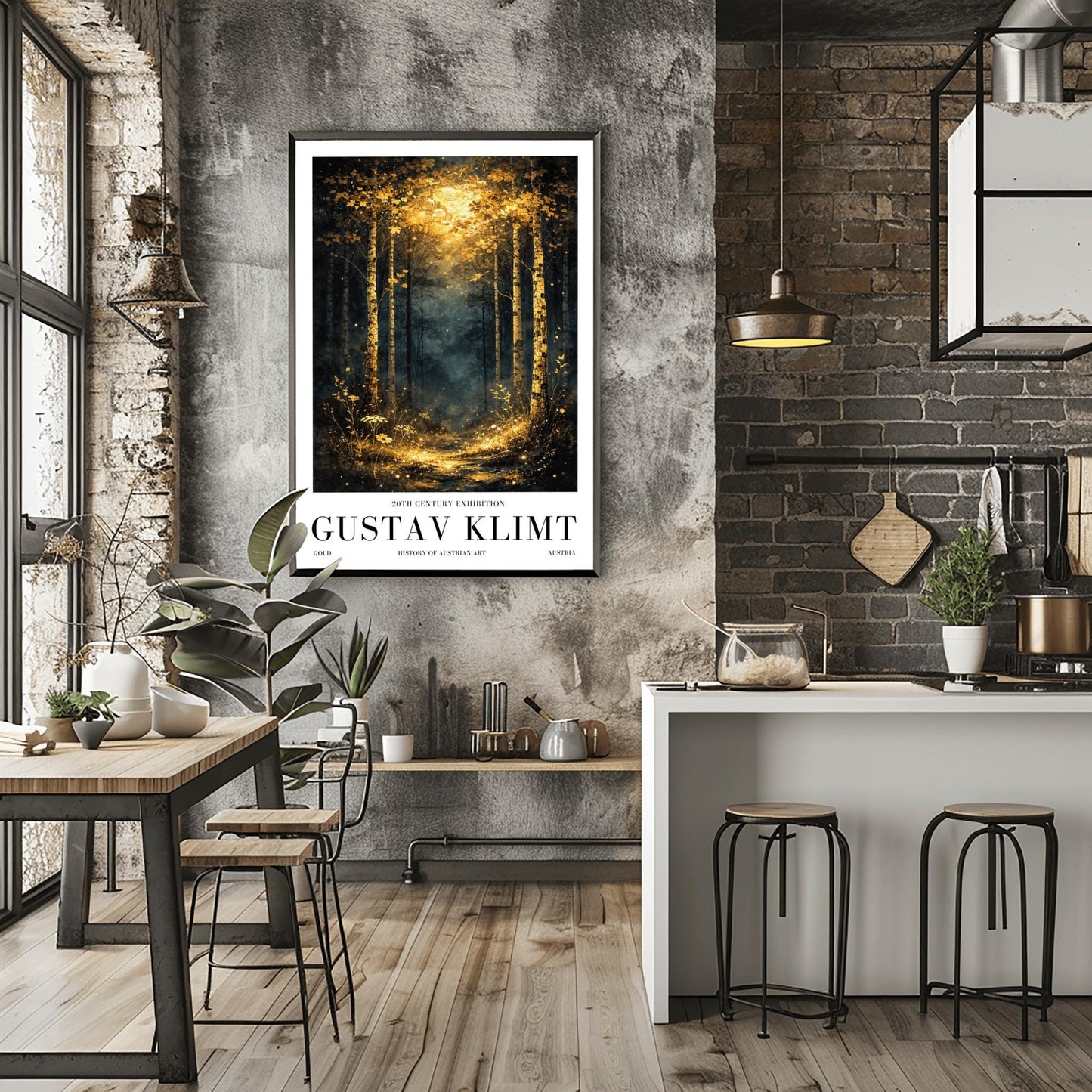 A vertical Art Nouveau illustration of a forest path at night or twilight. Golden birch trees with detailed bark frame a trail that leads into a misty forest. The path and foreground flowers are illuminated by a radiant golden light from above, filled with shimmering stardust.