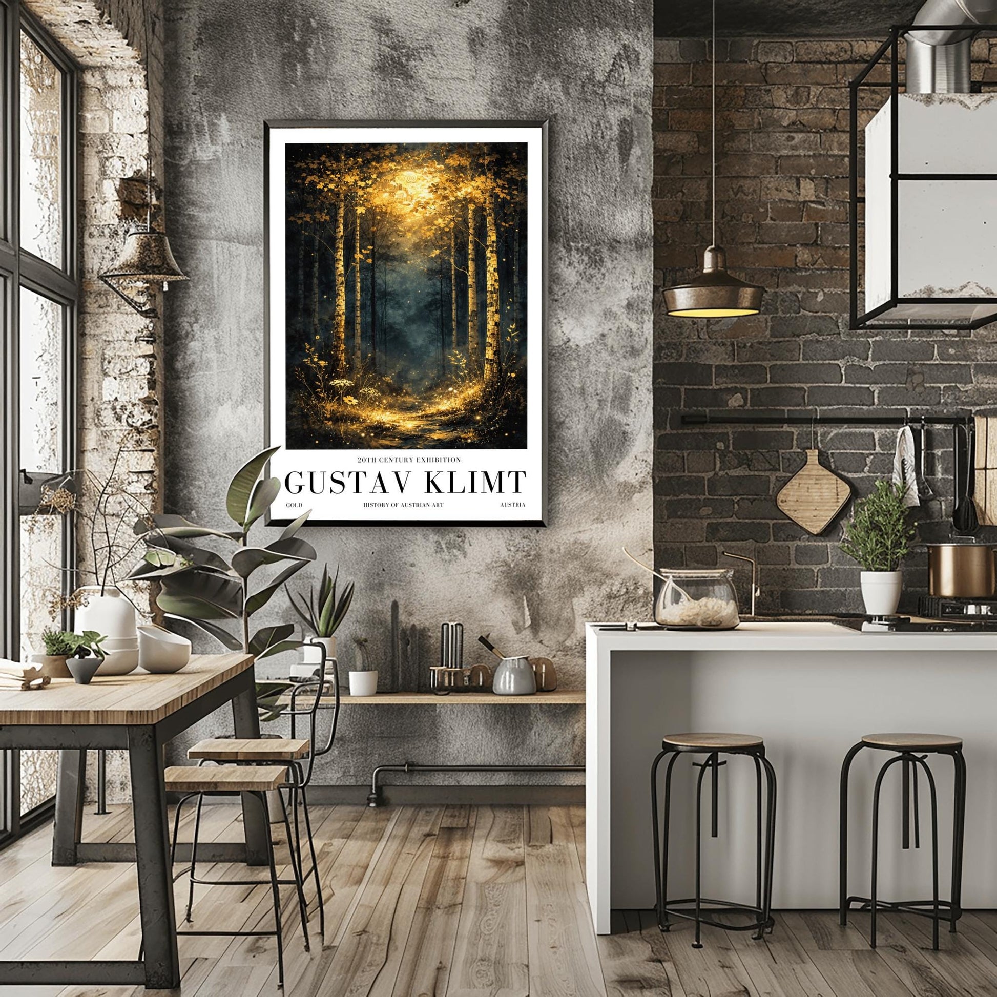 A vertical Art Nouveau illustration of a forest path at night or twilight. Golden birch trees with detailed bark frame a trail that leads into a misty forest. The path and foreground flowers are illuminated by a radiant golden light from above, filled with shimmering stardust.