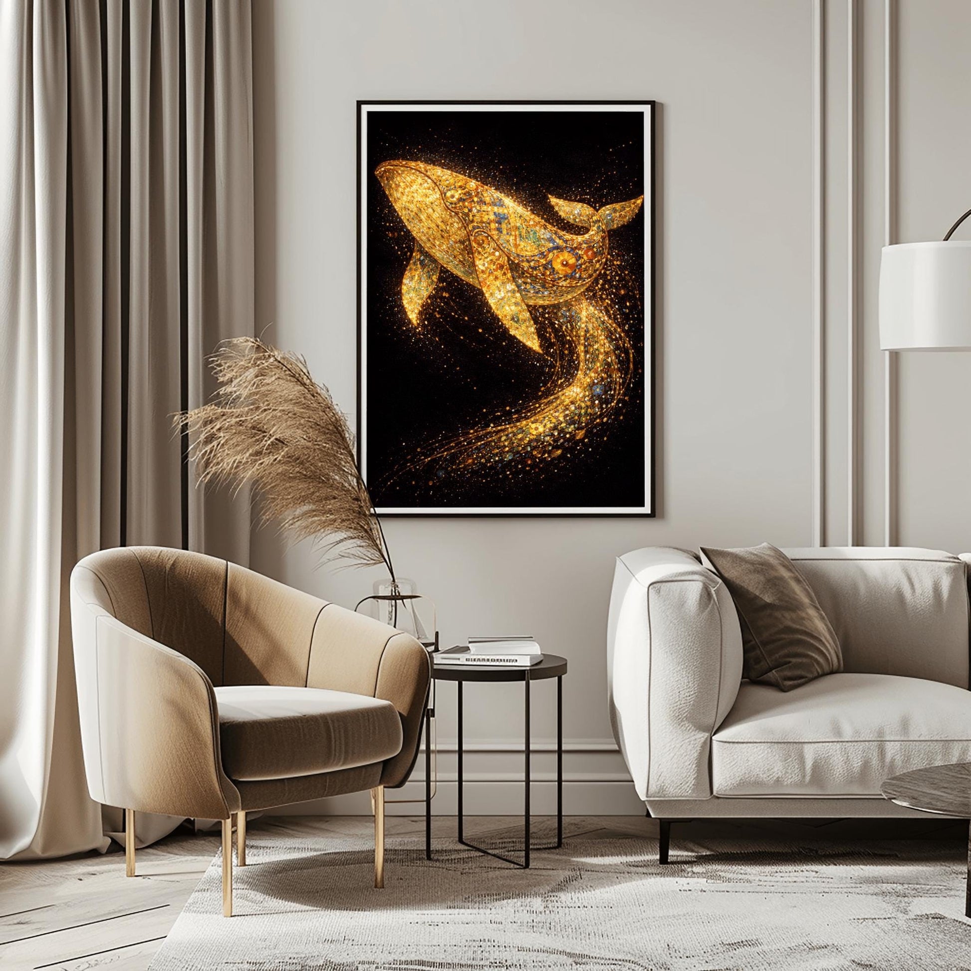 A vertical full-bleed illustration of a large whale in the style of Gustav Klimt. The whale is composed of gold mosaic patterns and spirals, swimming through a dark black ocean. Behind it, a long, curved trail of sparkling golden particles and embers flows through the water.