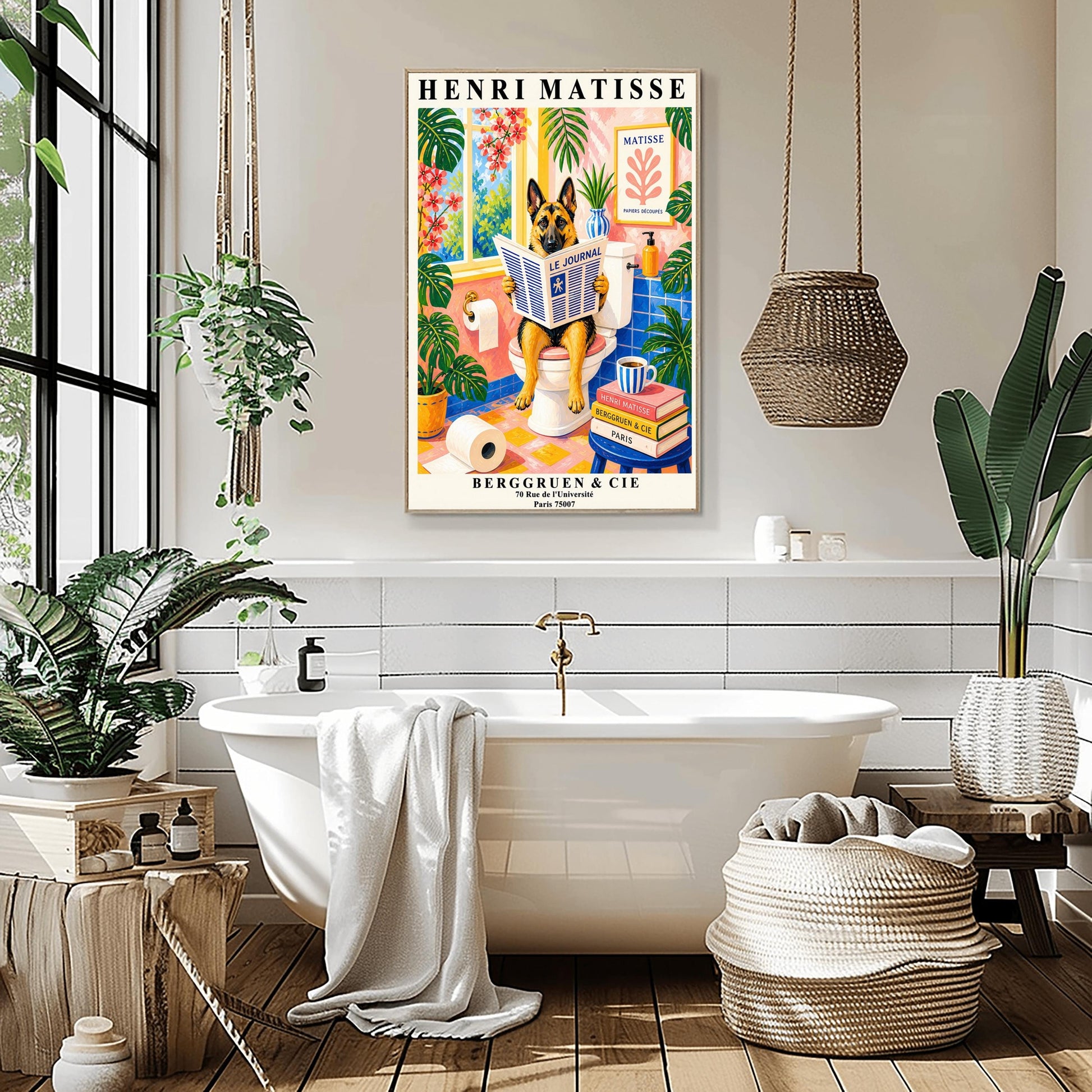 A vertical maximalist art print designed as a Henri Matisse exhibition poster. A tan and black German Shepherd is sitting upright on a white toilet, holding and reading a newspaper titled "Le Journal." The bathroom is vibrantly colored with pink walls, blue wall tiles, and a pink and yellow checkered floor. The room is filled with large green tropical plants and red flowers. A stack of art books and a striped mug sit on a blue stool.