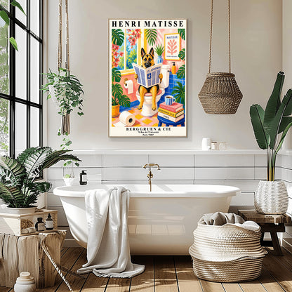 A vertical maximalist art print designed as a Henri Matisse exhibition poster. A tan and black German Shepherd is sitting upright on a white toilet, holding and reading a newspaper titled "Le Journal." The bathroom is vibrantly colored with pink walls, blue wall tiles, and a pink and yellow checkered floor. The room is filled with large green tropical plants and red flowers. A stack of art books and a striped mug sit on a blue stool.