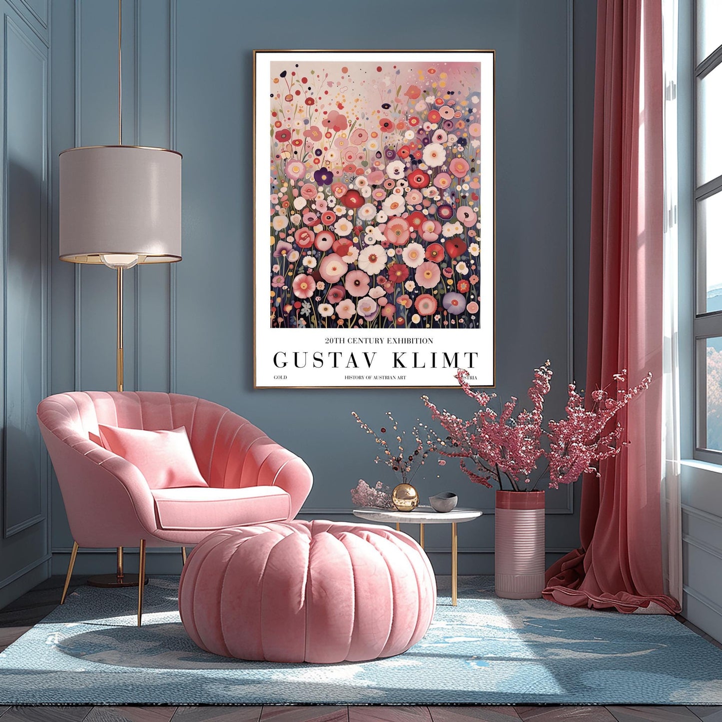 A vertical fine art painting in the style of Gustav Klimt. A dense field of stylized, circular wildflowers in shades of pink, rose, peach, and white fills the bottom two-thirds of the canvas. The background is a misty, textured gradient of soft pink and grey. The style is highly decorative with mosaic-like floral patterns and subtle golden highlights.