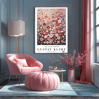 A vertical fine art painting in the style of Gustav Klimt. A dense field of stylized, circular wildflowers in shades of pink, rose, peach, and white fills the bottom two-thirds of the canvas. The background is a misty, textured gradient of soft pink and grey. The style is highly decorative with mosaic-like floral patterns and subtle golden highlights.
