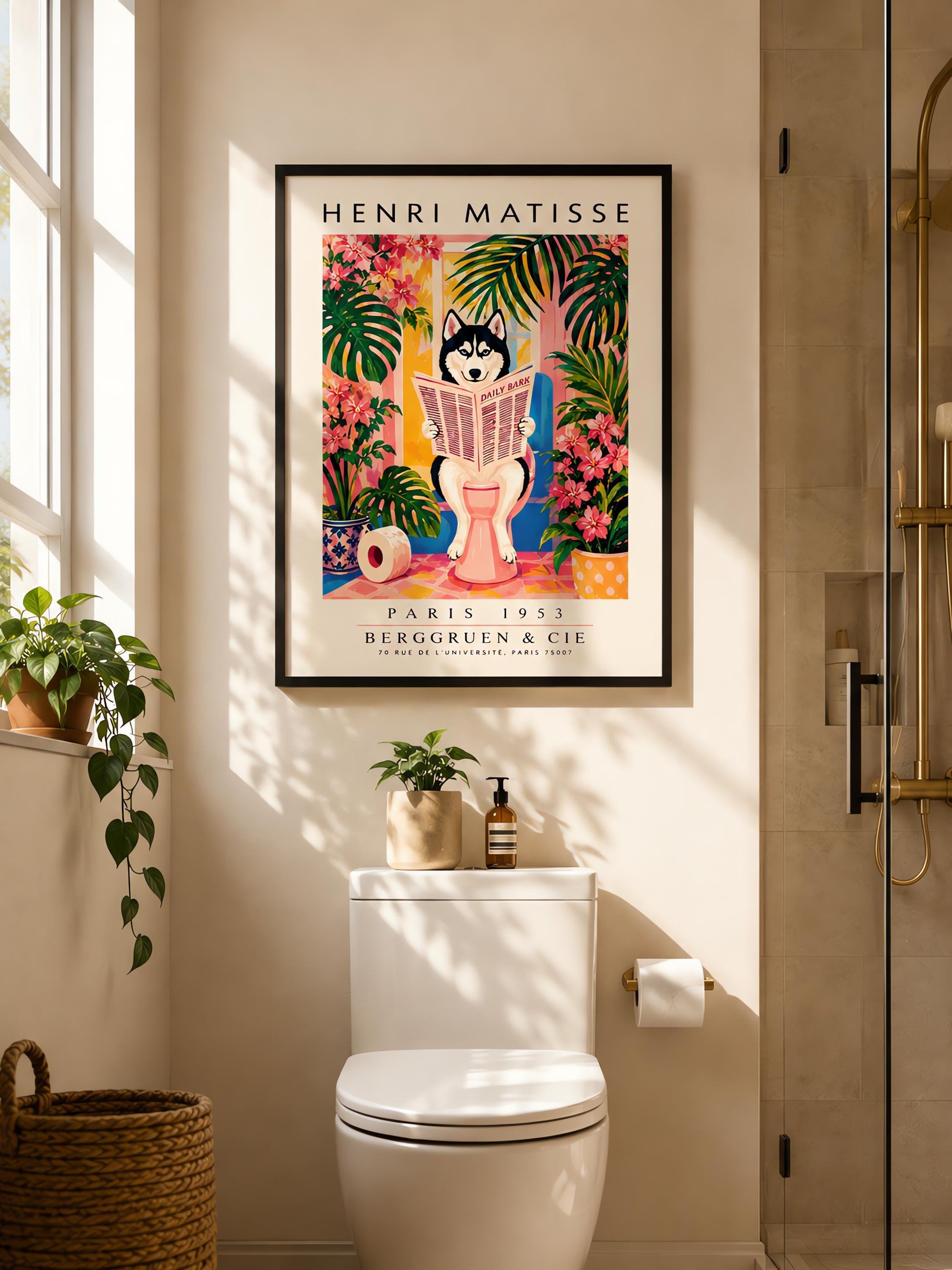 A vertical vintage-style art exhibition poster titled "HENRI MATISSE" at the top and "PARIS 1953 BERGGRUEN & CIE" at the bottom,. The center illustration shows a black-and-white Siberian Husky with blue eyes sitting on a pink toilet in a bright pink and yellow bathroom, reading a newspaper titled "DAILY BARK". The scene is framed by large green tropical leaves, bright pink flowers, a blue-and-white patterned planter, and a roll of toilet paper on the floor.