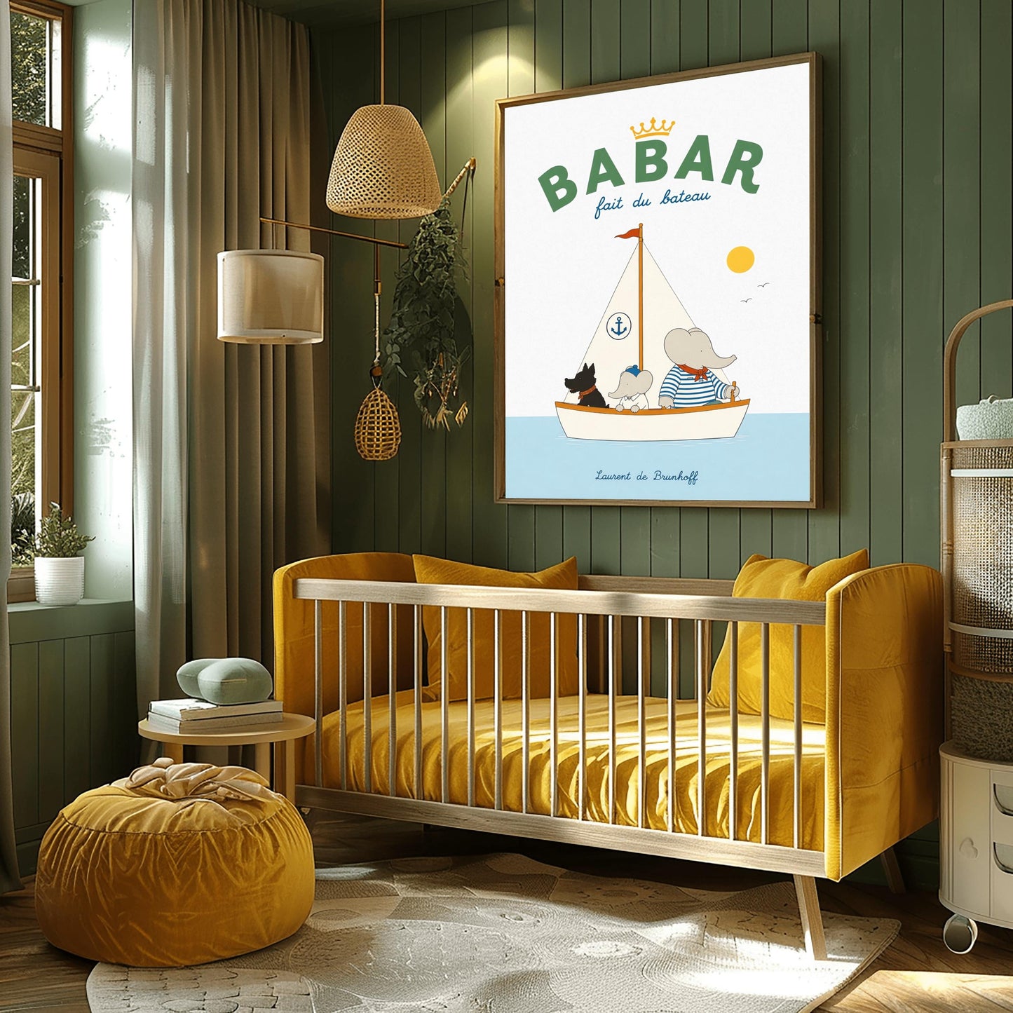A vertical storybook-style art print of Babar the Elephant sailing a boat against a white background. Babar, wearing a blue and white striped shirt and a red neckerchief, sits in a white boat with a smaller elephant and a black dog. The sailboat has a white sail with a blue anchor logo and a red flag on top. A yellow sun and two small birds are in the sky. The top reads "BABAR fait du bateau" with a gold crown.
