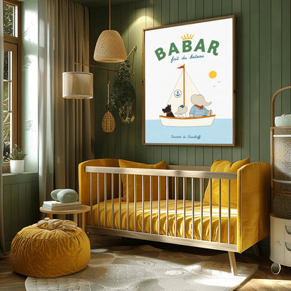 A vertical storybook-style art print of Babar the Elephant sailing a boat against a white background. Babar, wearing a blue and white striped shirt and a red neckerchief, sits in a white boat with a smaller elephant and a black dog. The sailboat has a white sail with a blue anchor logo and a red flag on top. A yellow sun and two small birds are in the sky. The top reads "BABAR fait du bateau" with a gold crown.