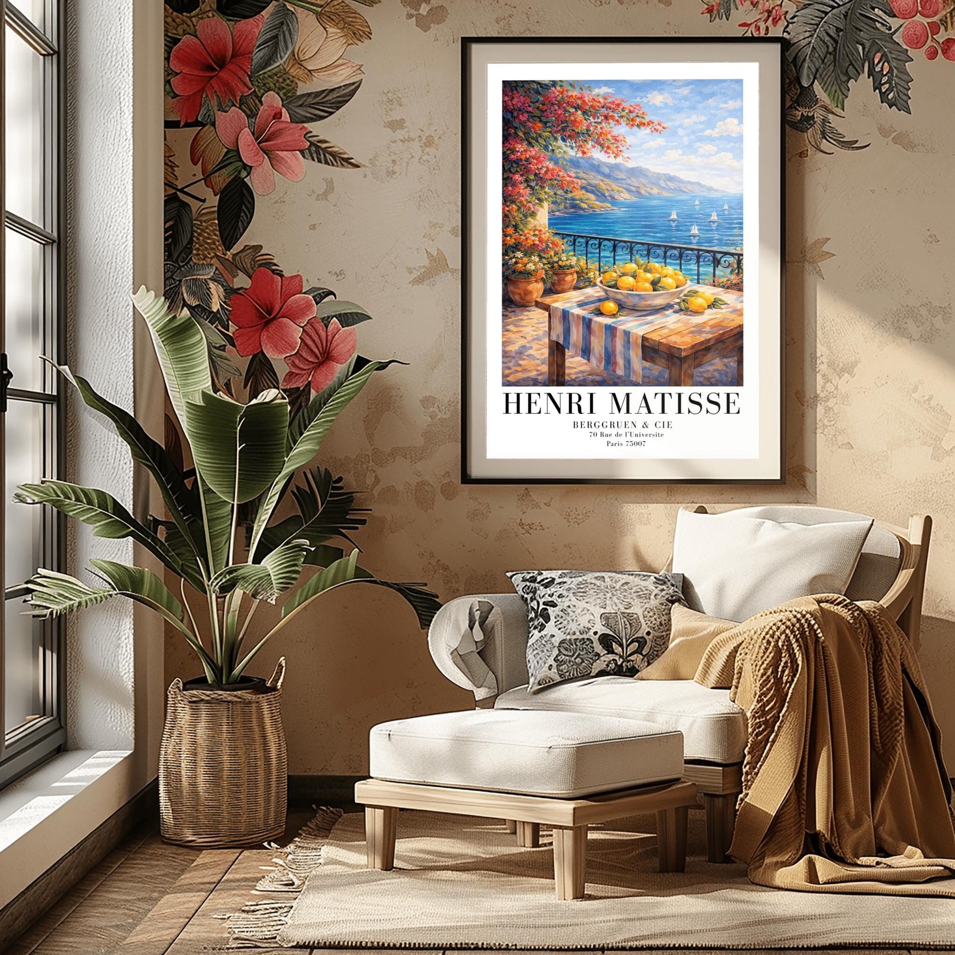 A vertical painterly illustration of a stone terrace with a black iron railing. A pink bougainvillea tree hangs from the top left over a wooden table with a bowl of oranges and lemons. Beyond the railing is a blue sea with white sailboats and a distant mountainous coastline.
