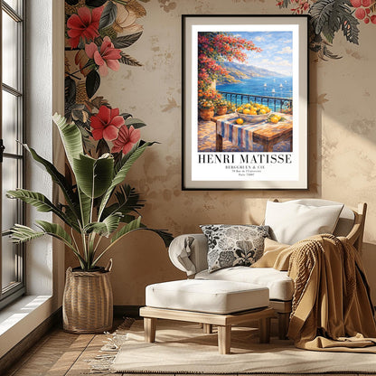 A vertical painterly illustration of a stone terrace with a black iron railing. A pink bougainvillea tree hangs from the top left over a wooden table with a bowl of oranges and lemons. Beyond the railing is a blue sea with white sailboats and a distant mountainous coastline.