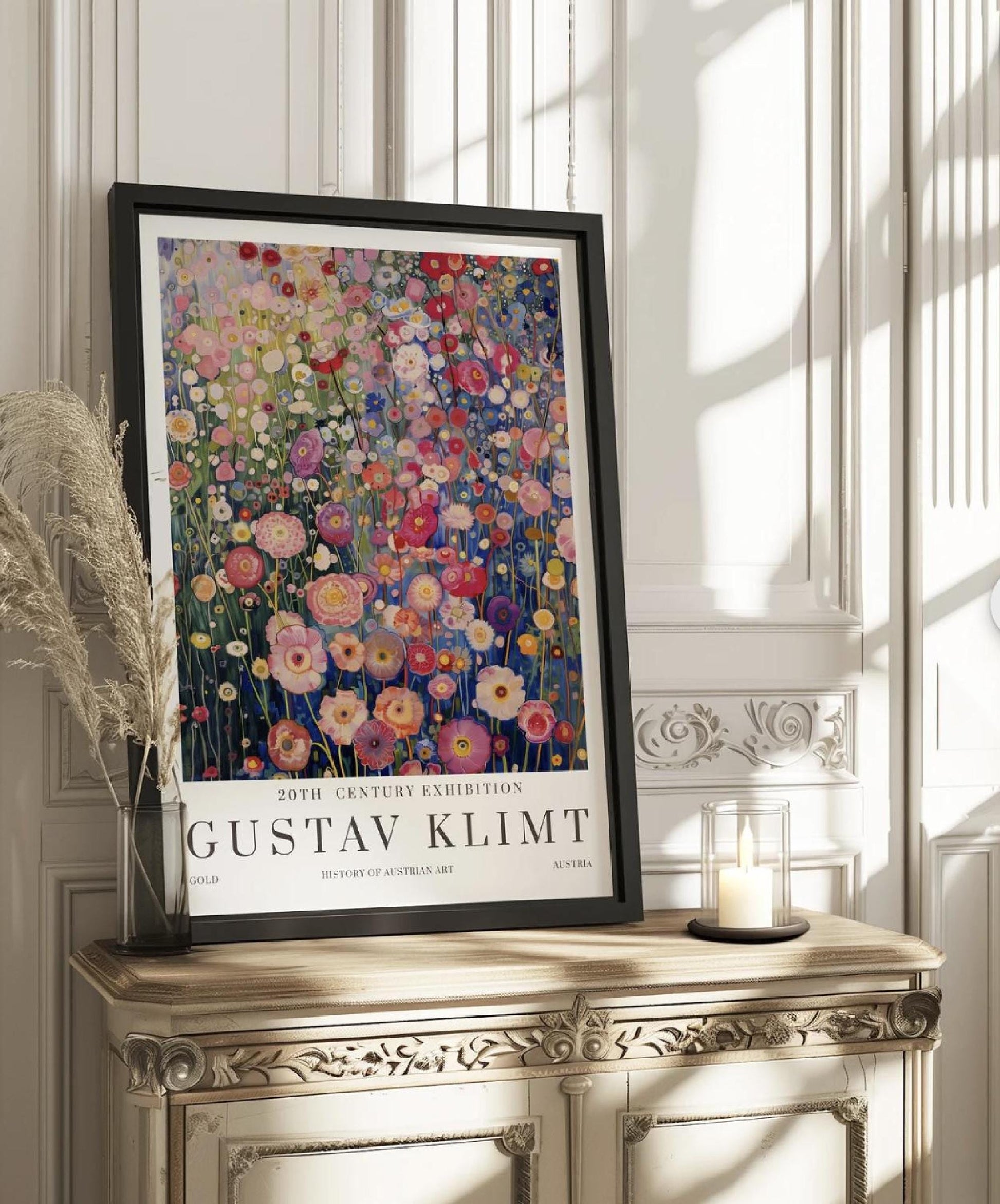 A promotional poster for an art exhibition features a vibrant and highly detailed painting of a dense field of flowers, rendered in the distinctive style of Gustav Klimt. The artwork, which dominates the upper portion of the poster, is a tapestry of various blossoms in shades of pink, red, white, yellow, and purple, set against a backdrop of deep blues and greens that suggest a distant landscape or sky.