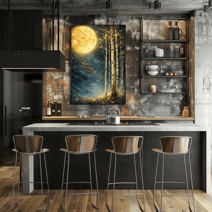 A vertical Art Nouveau illustration in the style of Gustav Klimt. A large, patterned golden moon sits in the upper left corner of a dark, misty teal forest. Slender birch trees stand on the right, while a swirl of golden stardust flows across the center.