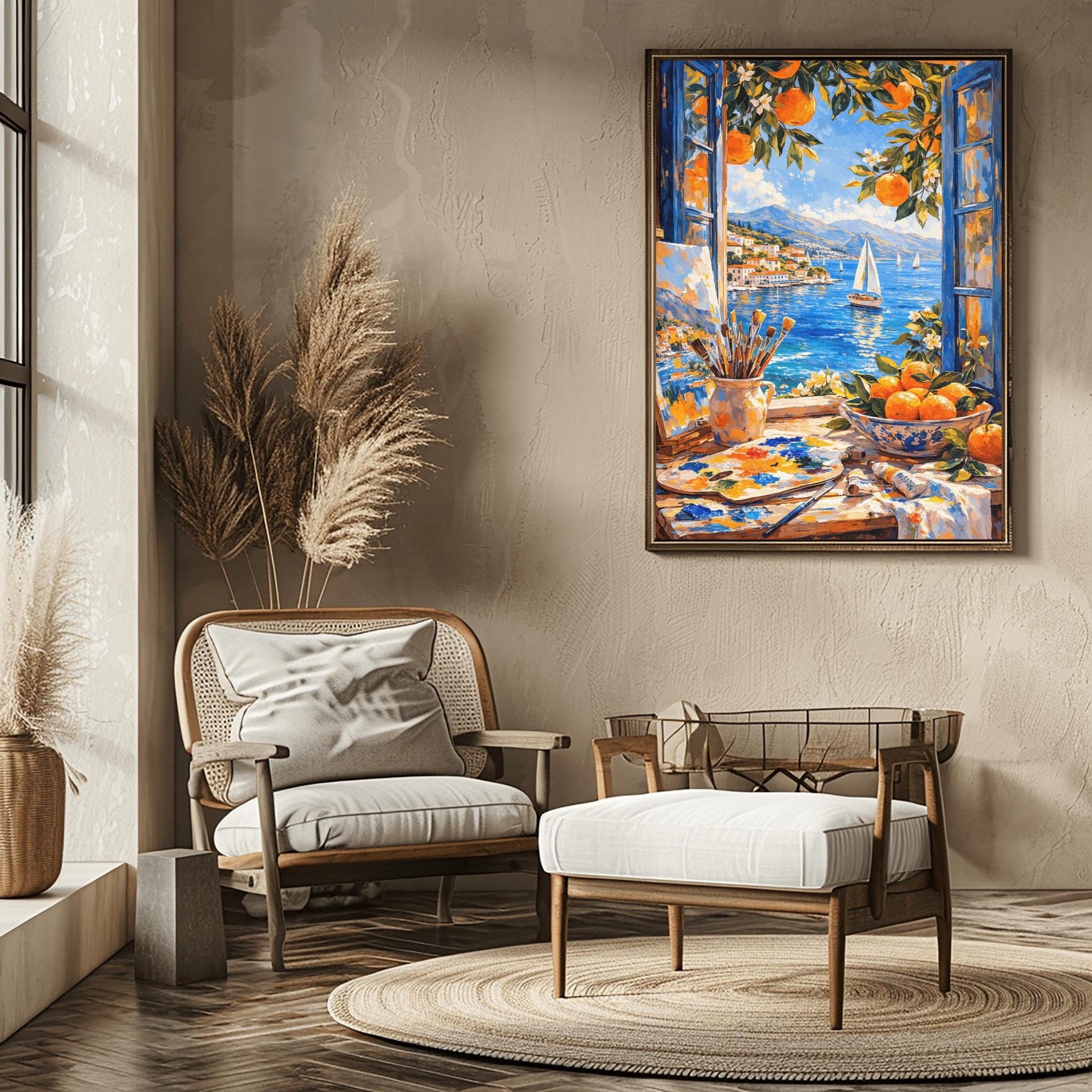 A vertical painterly illustration of an artist's studio window. In the foreground, a table holds a paint palette, brushes in a jar, and a bowl of oranges. Outside the open blue shutters, a sailboat drifts on a blue sea next to a coastal town and mountains.