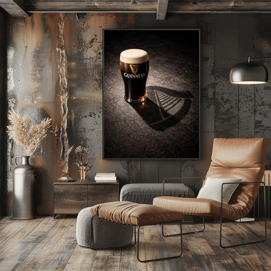 A vertical hyper-realistic photograph of a pint of Guinness on a dark stone surface. A bright light from the side casts a long shadow of the glass that clearly forms the shape of a Celtic harp. The stone is textured and dark, with the glass as the bright focal point.