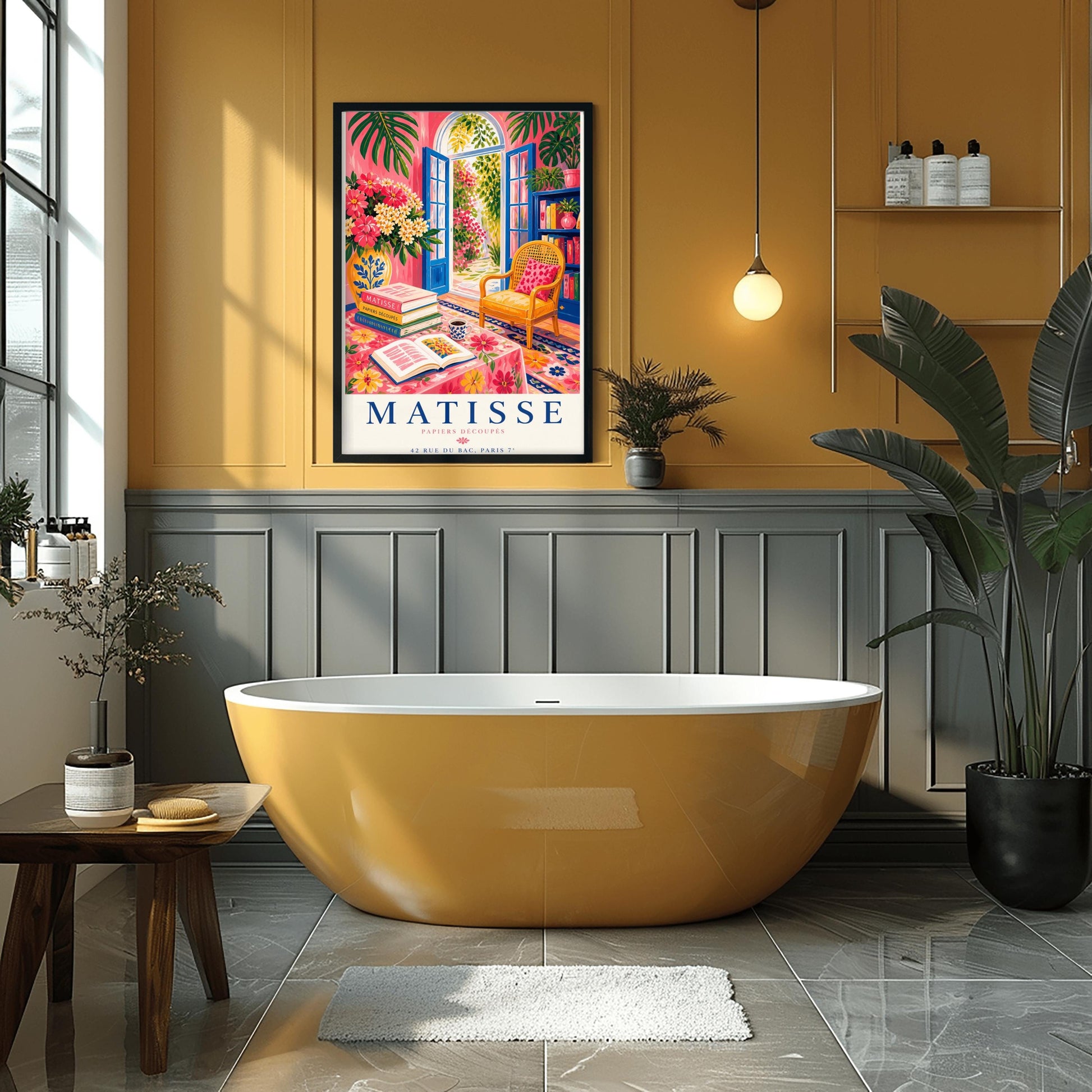 A vertical maximalist art print styled as a Henri Matisse exhibition poster. The scene shows a vibrant interior reading room with hot pink walls and cobalt blue French doors open to a sunlit garden. A yellow cane chair sits next to a bookshelf. In the foreground, a table covered in a pink floral cloth holds a stack of art books, an open book, and a blue coffee mug. Large monstera leaves and various flowers frame the room. Bold black and red text at the bottom reads "MATISSE PAPIERS DÉCOUPÉS"