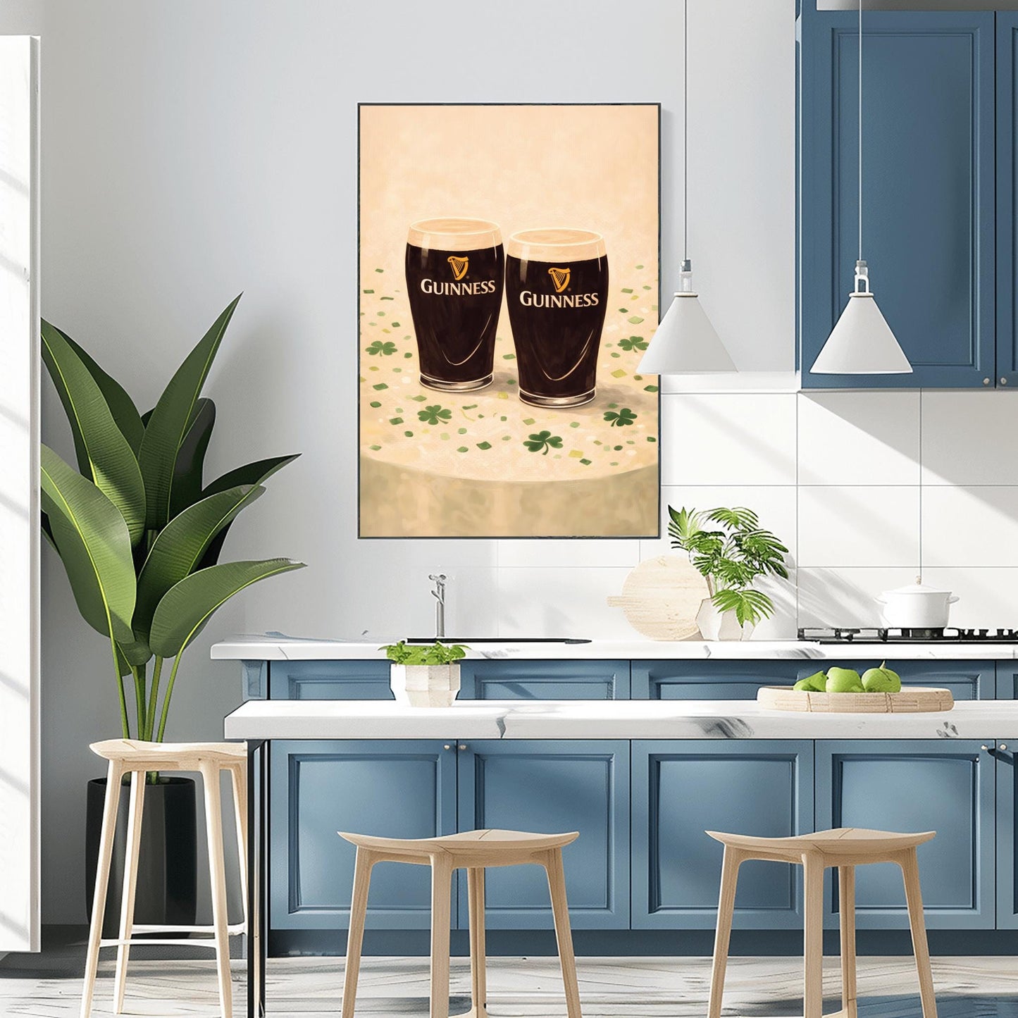 A vertical illustration of two pints of Guinness stout sitting side-by-side on a light cream surface. Green shamrocks and confetti are scattered around the base of the glasses. The pints feature the golden harp logo. The overall style is painterly and warm.