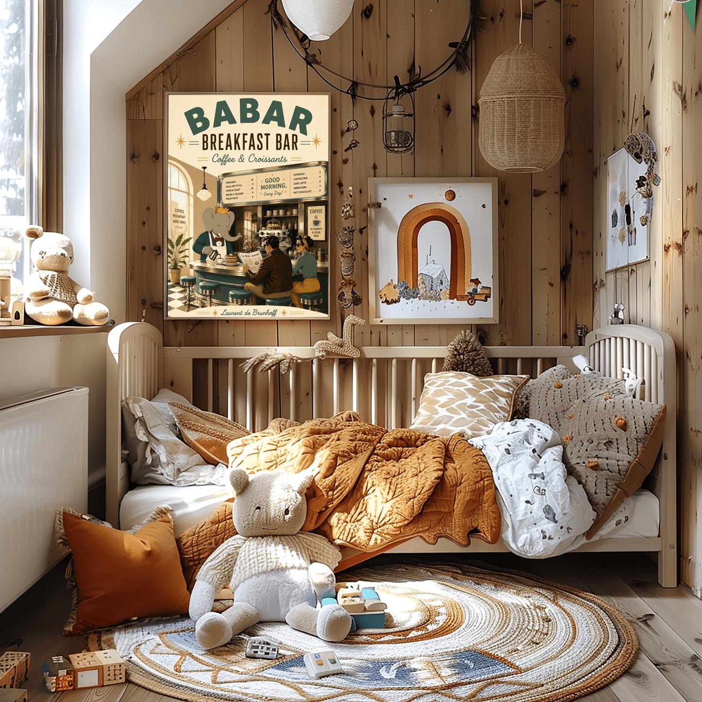 A warm 1950s-style illustration poster titled "BABAR BREAKFAST BAR - Coffee & Croissants" in large green letters. The scene shows the interior of a sunlit retro cafe where the cartoon elephant King Babar wears a gold crown and white apron while pouring coffee from a silver pot. A man in a brown leather jacket reads a newspaper titled "Le Petit Journal" next to a woman with a polka-dot hairband. They sit on teal chrome stools at a curved counter.