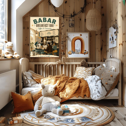 A warm 1950s-style illustration poster titled "BABAR BREAKFAST BAR - Coffee & Croissants" in large green letters. The scene shows the interior of a sunlit retro cafe where the cartoon elephant King Babar wears a gold crown and white apron while pouring coffee from a silver pot. A man in a brown leather jacket reads a newspaper titled "Le Petit Journal" next to a woman with a polka-dot hairband. They sit on teal chrome stools at a curved counter.
